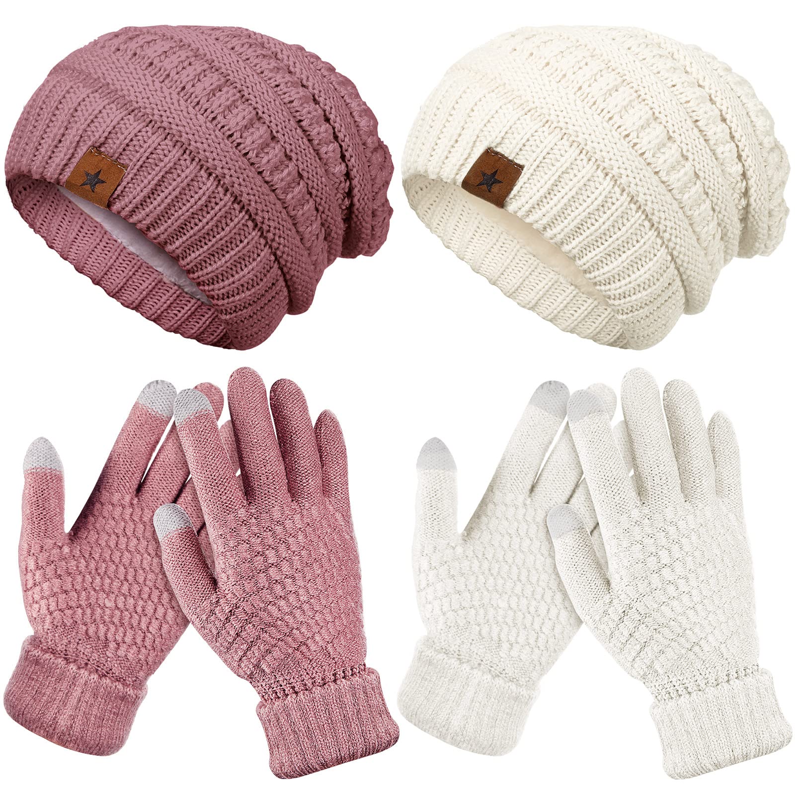 4 Pieces Women Winter Hat and Touchscreen Gloves Set Warm Knitted Women Beanie Hat Fleece Lined Slouchy Beanie with Winter Gloves Mittens for Women Girls