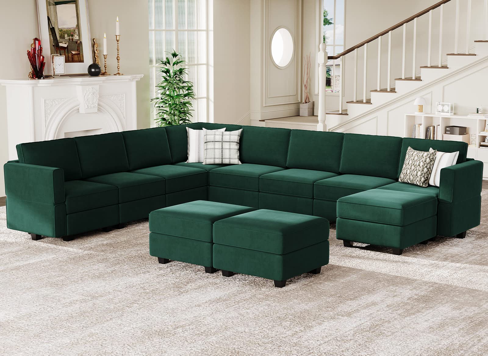 BelffinModular Sectional Sofa with Storage Seat Oversized U Shaped Couch Velvet Modular Sofa Set with Ottoman Velvet Green