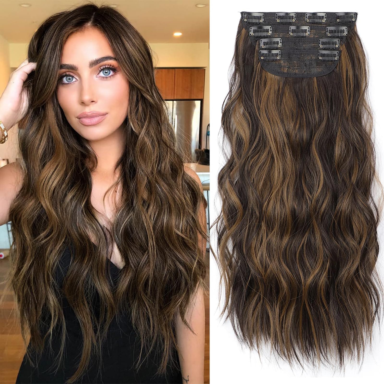 KooKaStyle Clip in Long Wavy Synthetic Hair Extension 20 Inch 4PCS Balayage Dark Brown to Chestnut Hairpieces Fiber Thick Double Weft Hair Extension for Women