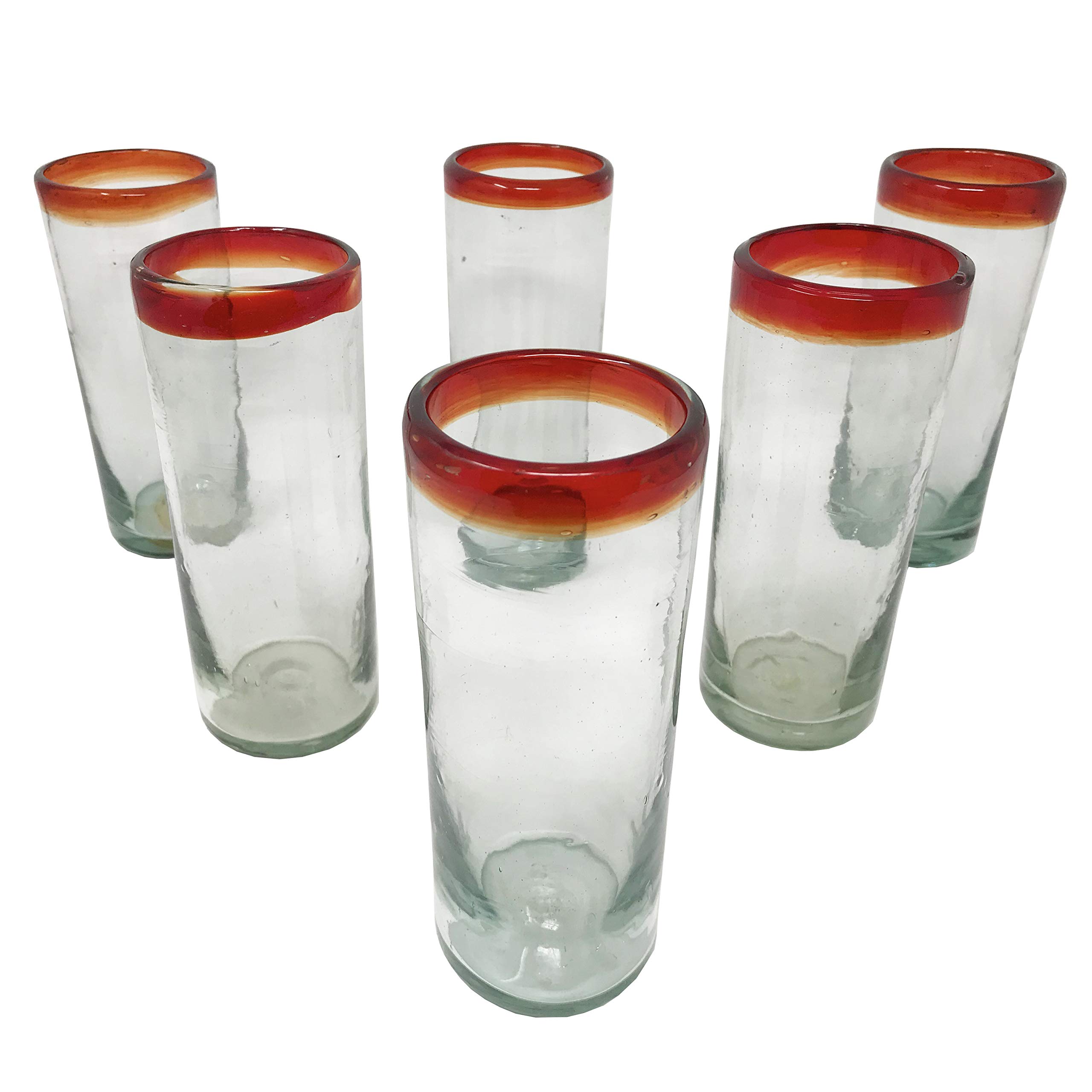 Qudasar Birsppy LA Mexicana Mexican Hand Blown Drinking Glasses Cobalt Clear Red Rim Recycled Glass, 16 oz. (Set of 6), Red Style