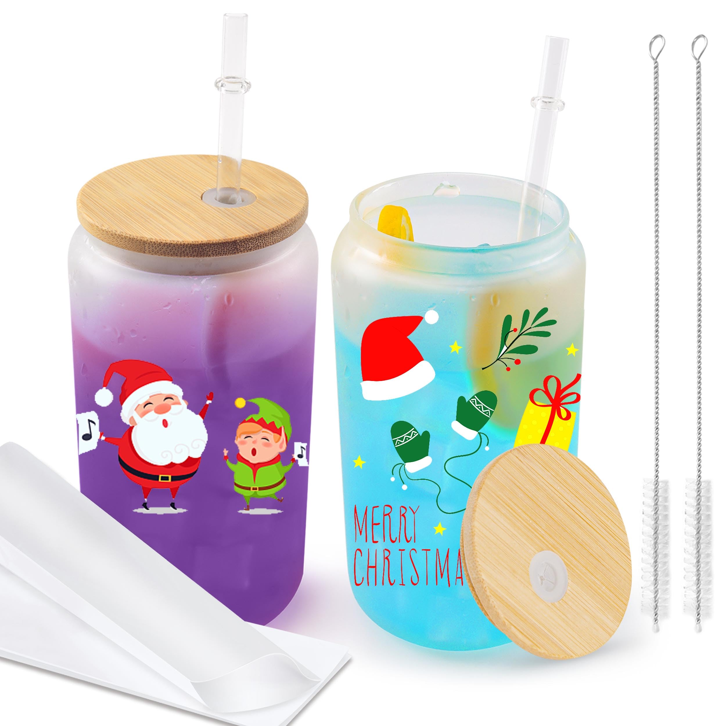 Joyclub2 Pack Sublimation Glass Cups with Bamboo Lids and Straws 16 OZ Frosted Glass Can Blanks with Shrink Wrap Films for Iced Coffee Beer Juice Soda DIY Gift