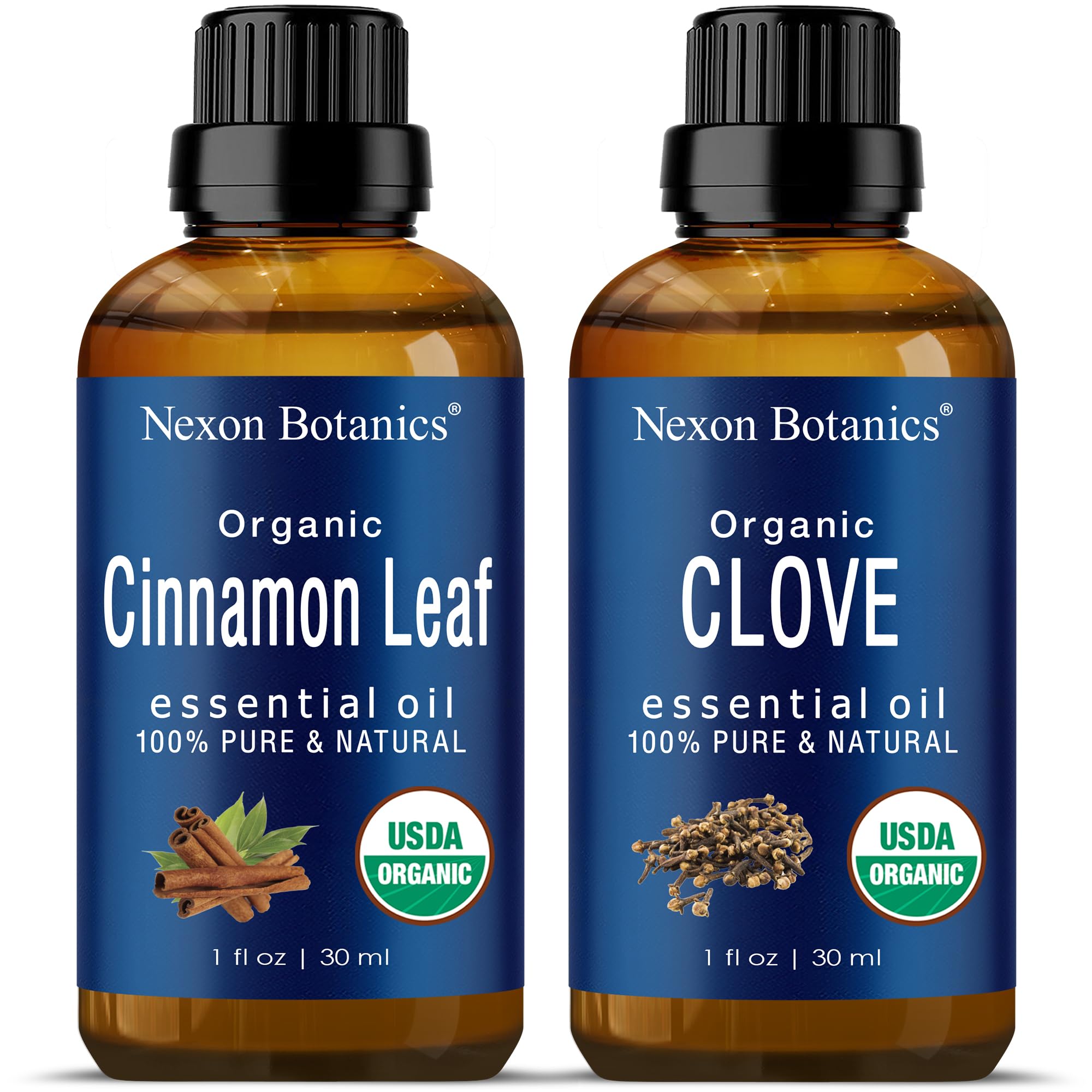 Organic Clove Bud Oil and Organic Cinnamon Oil - 100% Natural, Pure, Therapeutic Grade Essential Oils for Diffusers, Aromatherapy, Personal Care - Natural Mood Enhancers - Bundle by Nexon Botanics