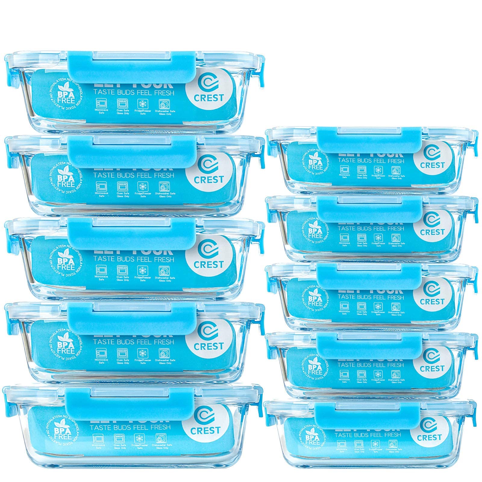 C CRESTGlass Meal Prep Containers, [10 Pack] Glass Food Storage Containers with Lids, Airtight Glass Bento Boxes, BPA Free & Leak Proof (10 Lids & 10 Containers)