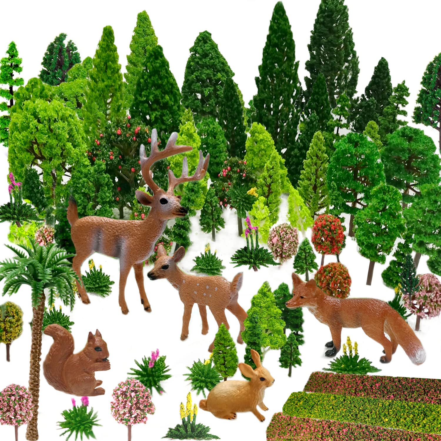 OrgMemory Mixed Model Trees, 4-16 cm, 70pcs, Toy Plastic Trees, Small World Trees, Ho Scale Bushes with Animals Figures, Plastic Trees for Projects, Model Train Scenery