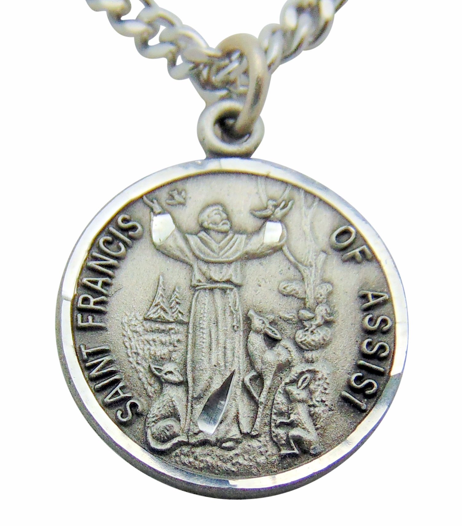 WJHSaint Francis Pewter Medal Pendant 3/4 Inch on 24 Inch Stainless Steel Chain Gift