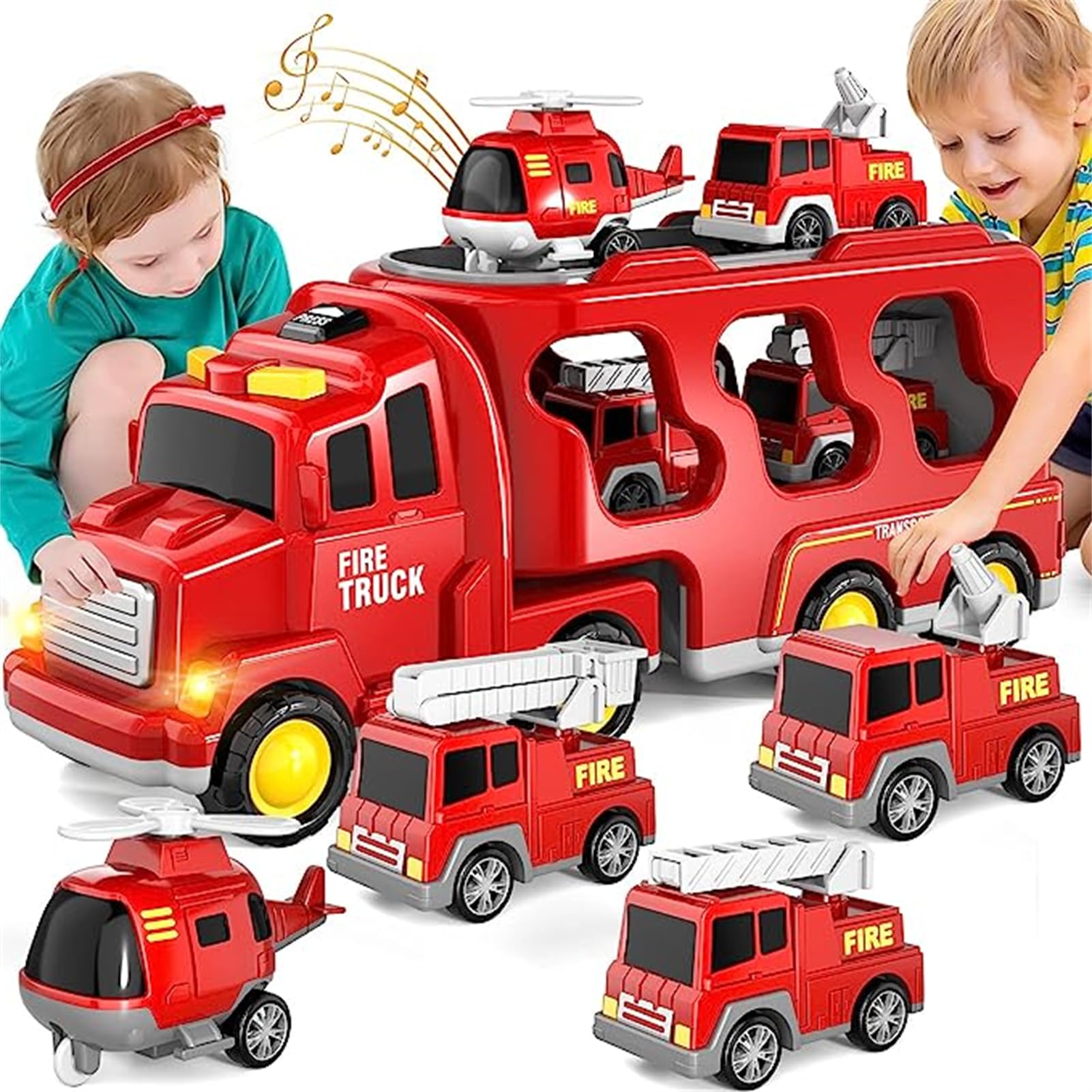 TOYBY Toddler Trucks Toys for 1 2 3 4 5 6 Years Old Boys, 5 in 1 Fire Car Trucks Toys Kids Carrier Truck Cars for Toddler Boy Toys Birthday, Car Trucks Friction Power Toys with Light Sound