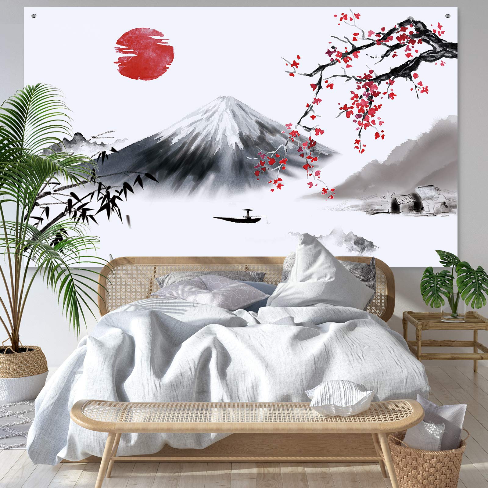 SumindJapanese Wall Hanging Photo Banner Asian Mount Fuji Red Sun Backdrop Japanese landscape Nature Background for Japanese Party Wall Home Decorations, 72.8 x 43.3 Inch