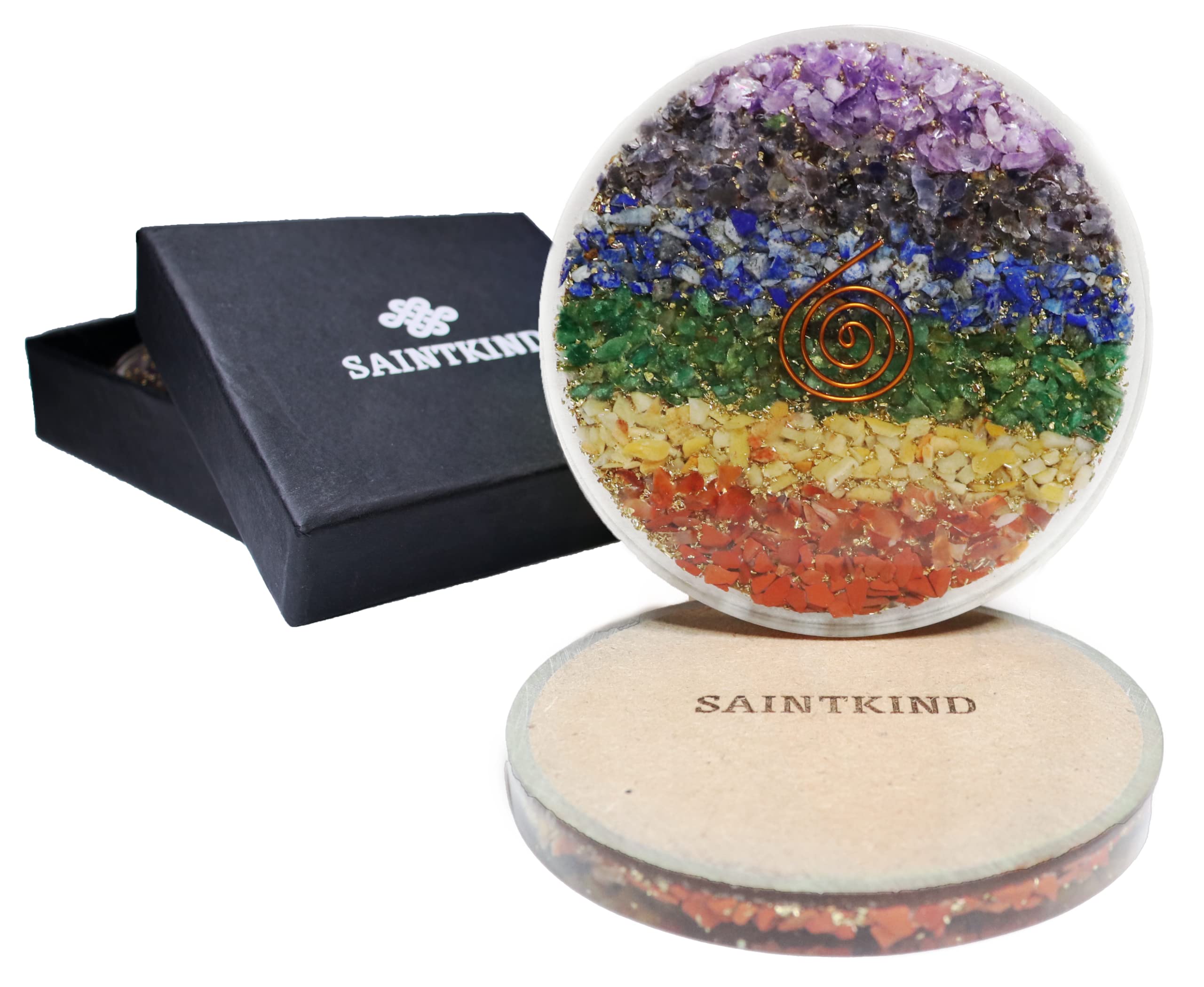 Chakra Orgonite Coaster - 9cm Wooden Base Non Slip with Healing Crystals