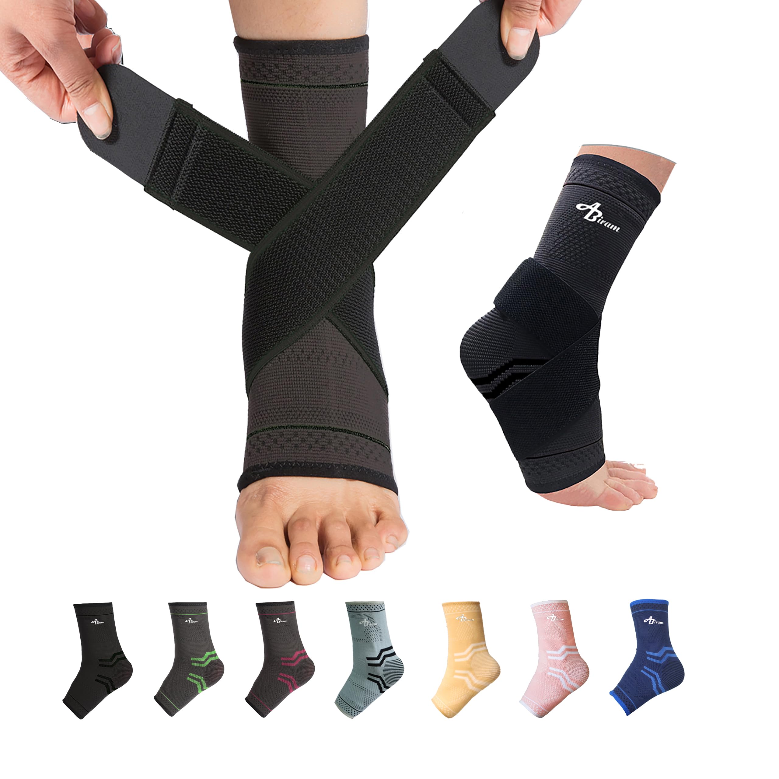 ABIRAM Ankle Compression Sleeve, Foot Sleeve (1 Pair) with strap, Ankle Brace for Sprained Foot, Ankle Support, Plantar Fasciitis Relief Socks, Achilles Tendonitis, Women & Men