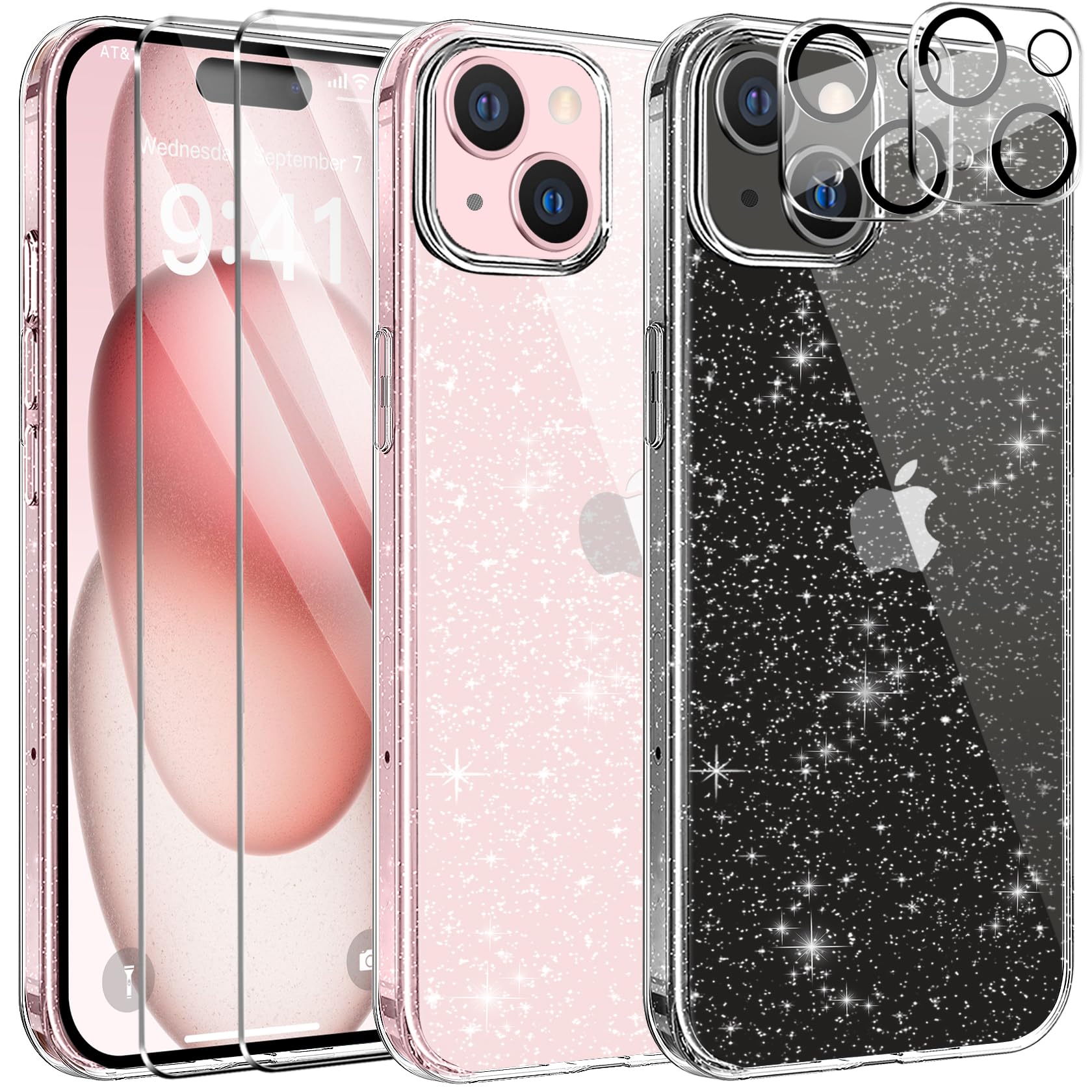 AROYI 5 in 1 Clear Glitter Case Compatible with iPhone 15 Case with 2 Tempered Glass Screen Protector and 2 Camera Lens Protector, Soft Bumper Sparkle Bling Women Girls Phone Case for iPhone 15 6.1"