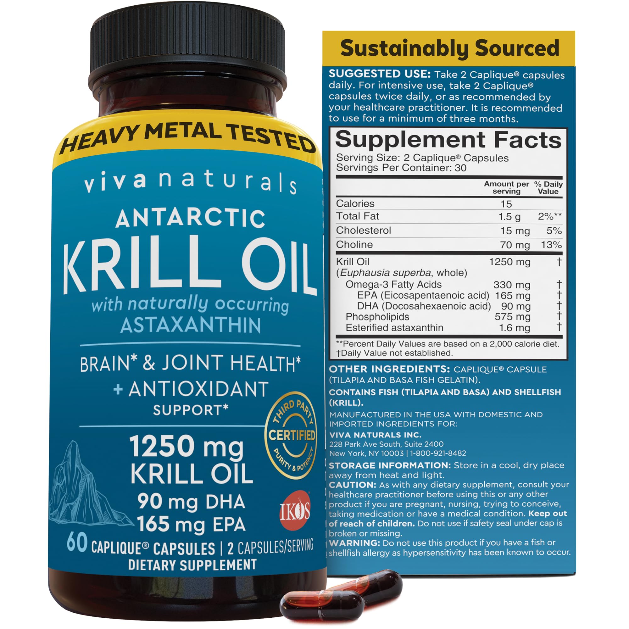 Krill Oil Omega 3 Supplement, Antarctic Krill Oil 1250 mg with Astaxanthin & Omega 3 Fatty Acid Supplement, High DHA & EPA Concentration for Brain & Joint Health Support, No Fish Burps (60)