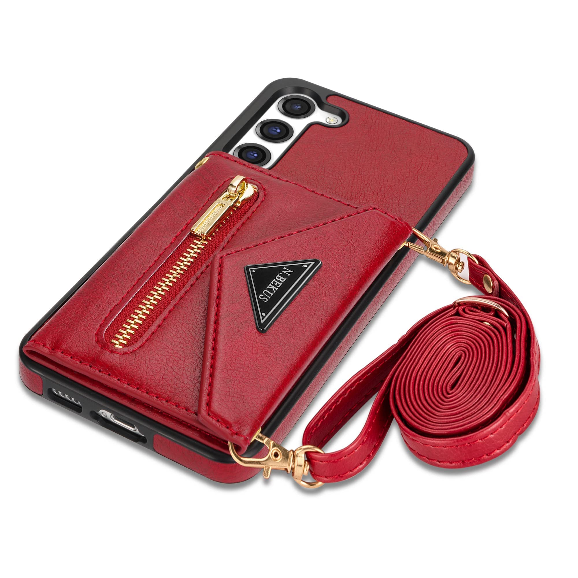 SZHAIYU Flip Leather Wallet Cover for Samsung Galaxy S23 5G Crossbody Case with Credit Card Holder Strap Lanyard 6.1'', Women Girl Purse Kickstand (Red,S23)