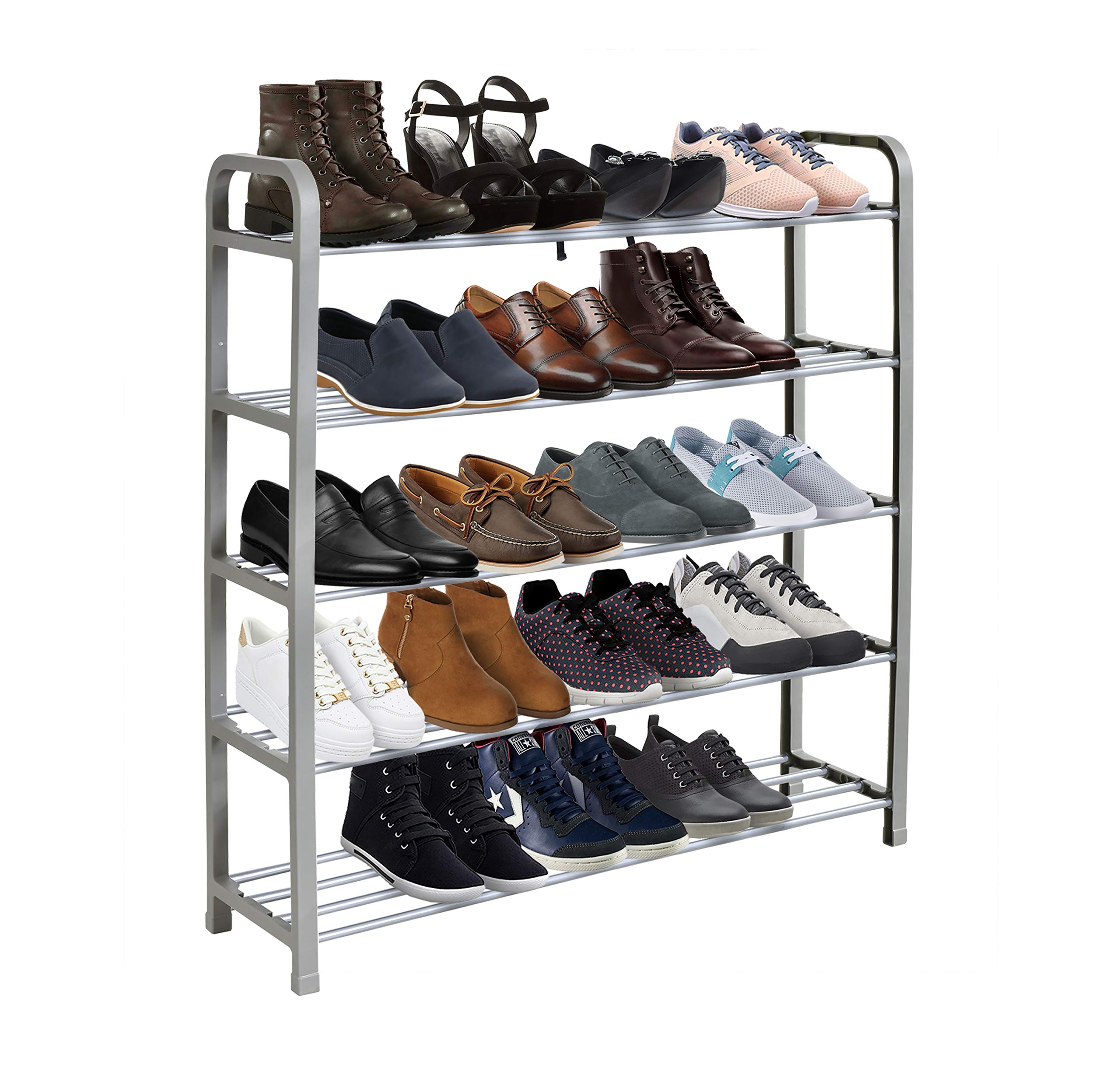 KEPLIN 5 Tier Shoe Slots Rack - Space Saving Shoe Storage Organiser with Quick, Tool-Free Assembly - Shoe Slots Holds 15-20 Pairs - Dimensions (L) 75.5cm x (W) 18.5cm x (H) 75.5cm - Silver