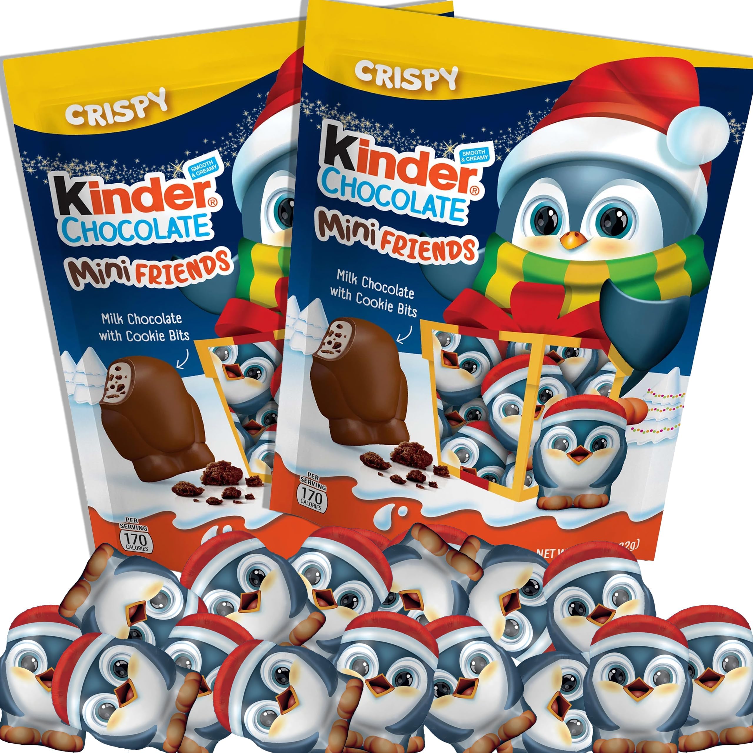 Holiday Kinders Chocolate Mini Friends, 30 Count, Christmas Milk Chocolate Milky Filling with Cookie Bits, Holiday Chocolate Gift, Stocking Stuffer for Kids, Individually Wrapped Penguins Winter Seasonal Chocolate