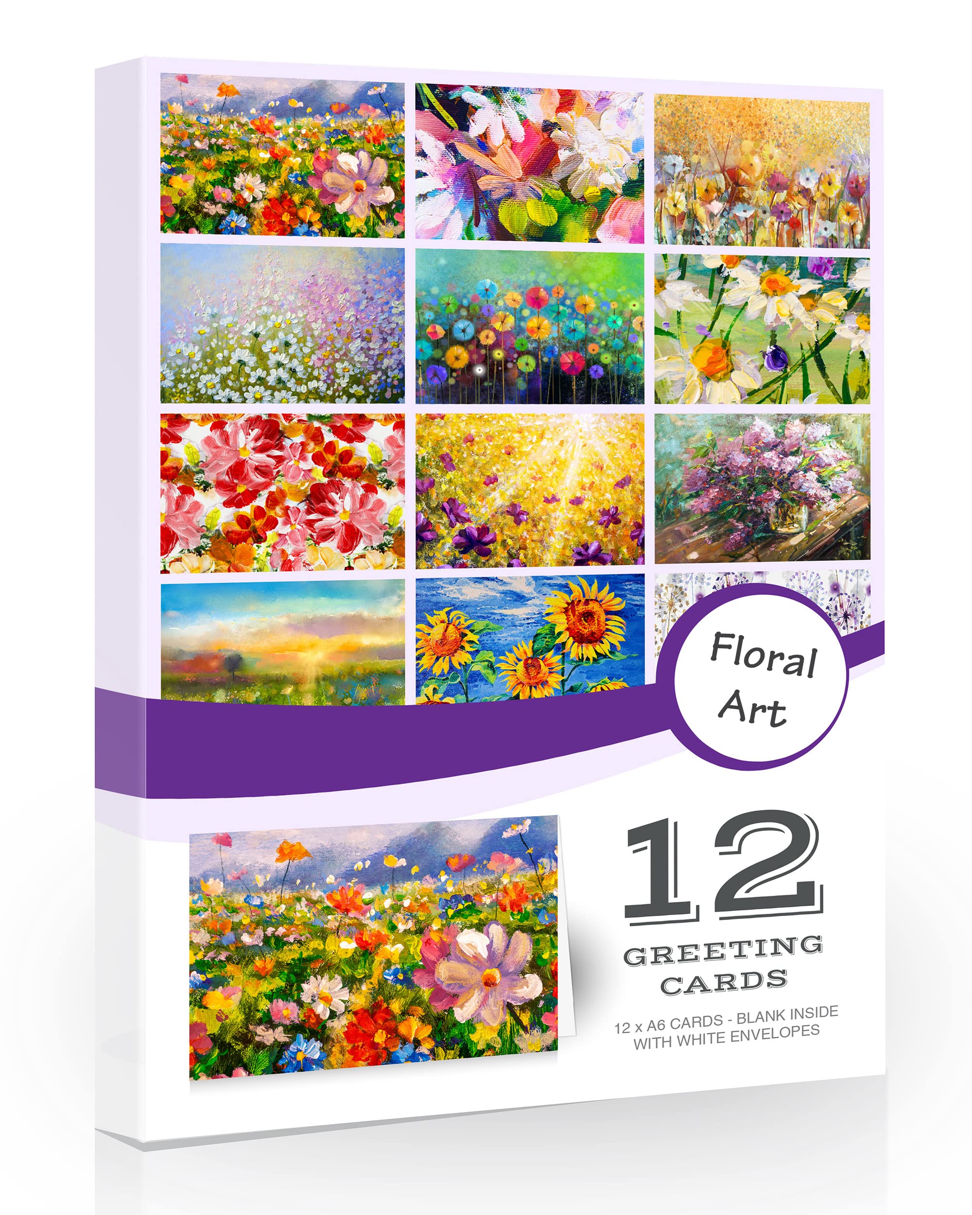 Olivia Samuel 12 x Floral Art Style Blank Greeting Cards Pack with Envelopes. Blank Folding Notes Cards for all Occasions