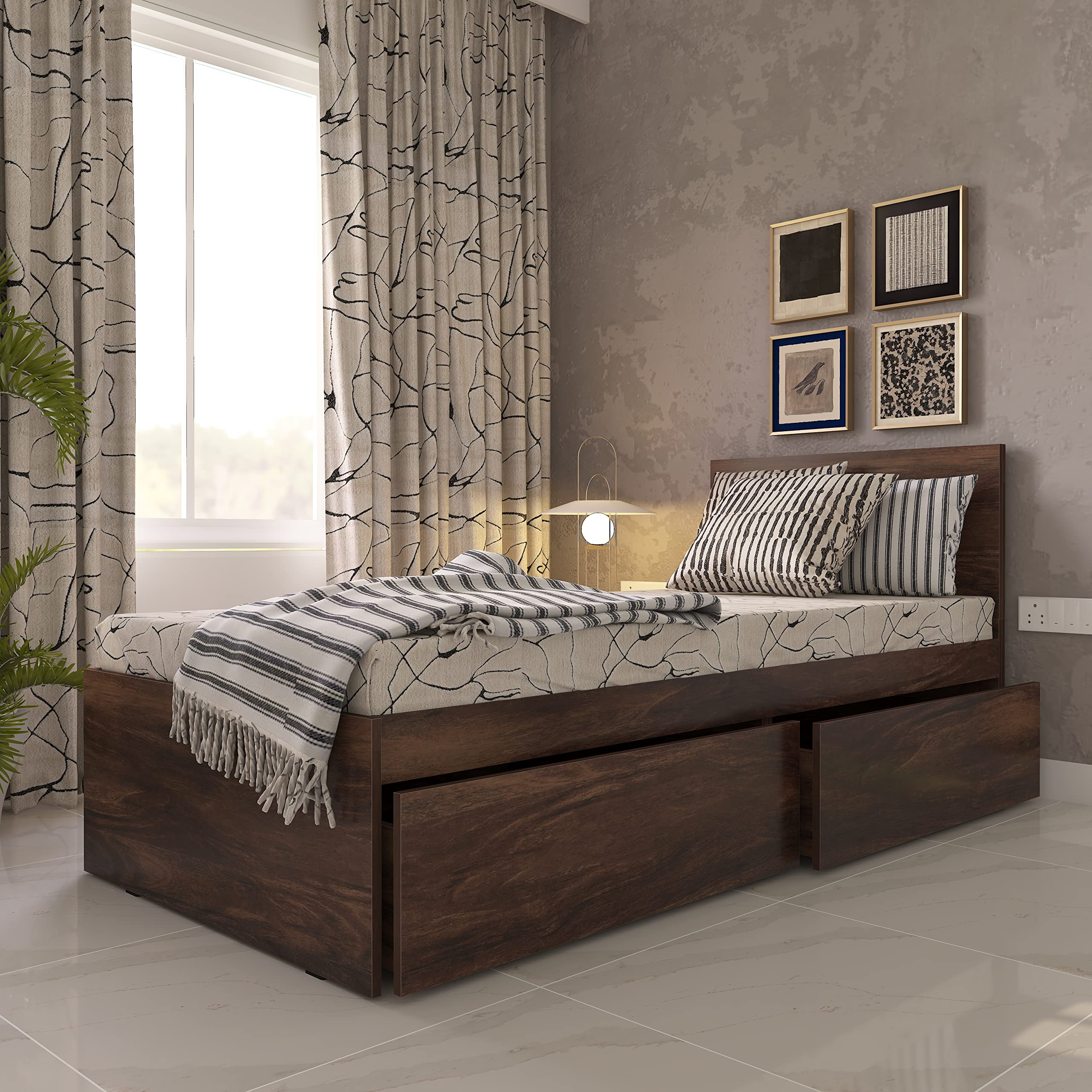 Studio Kook Tribe Right with Headboard Engineered Wood Single Bed with Two Drawers (Junglewood)