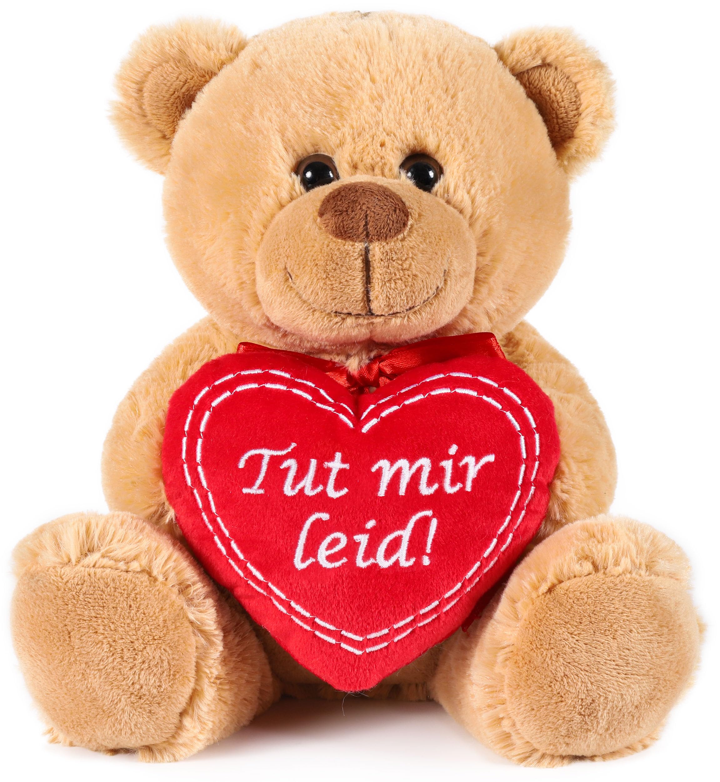 BRUBAKER Teddy Bear with Heart Red - TUT Mir Sorry! - 25 cm Teddy Plush Bear - Cuddly Toy Gift for Excuses - Cuddly Toy - Plush Teddy - Brown Light Brown