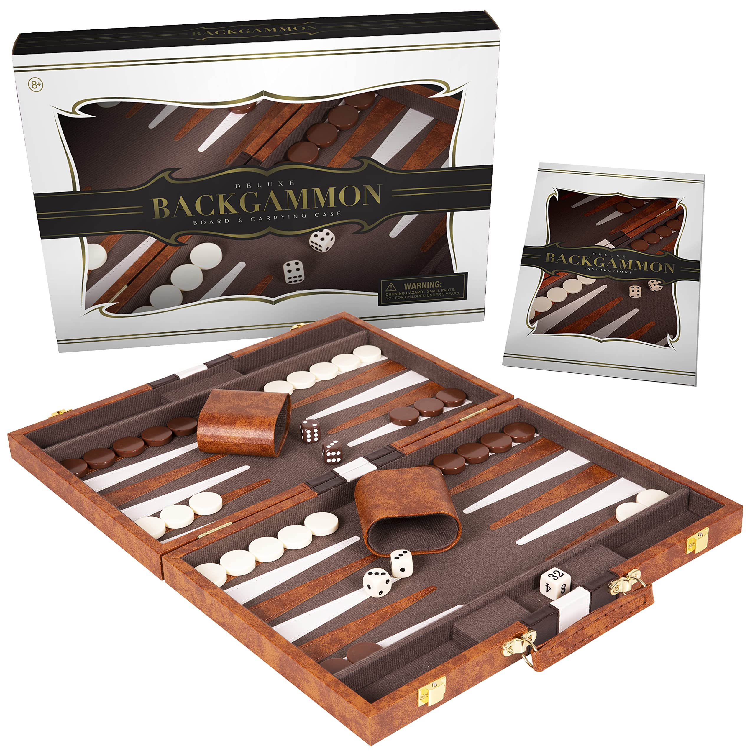 Backgammon Set 15 inch, Medium - Classic Board Game for Adults and Kids with Premium Leather Case - Includes Strategy & Tip Guide (Brown)