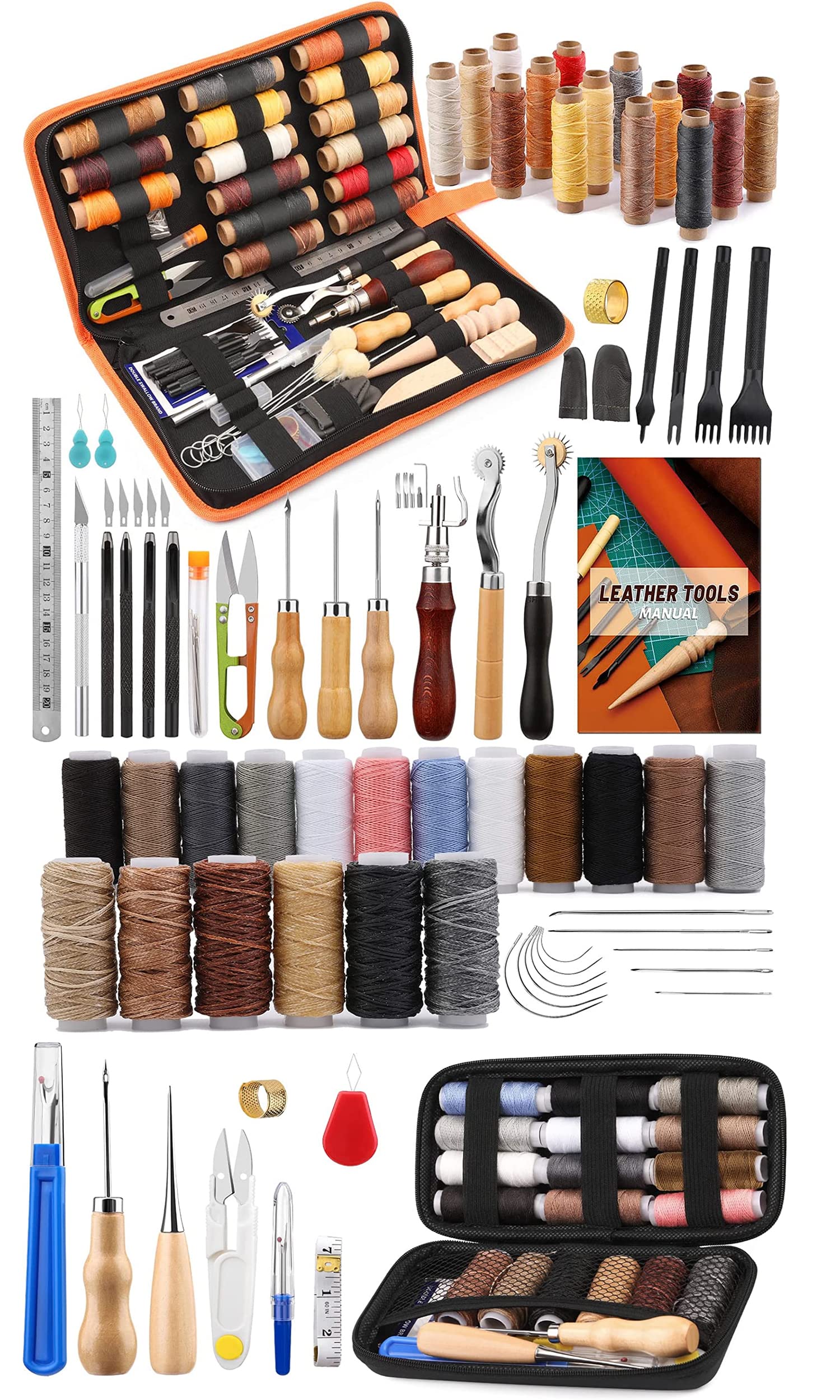 BUTUZE Leather Working Tools, Leather Tool Kit, Practical Leather Craft Kit with Waxed Thread Groover Awl Stitching Punch Hole for Leathercraft Beginner or Adults Gifts - Comes with Tool Manual