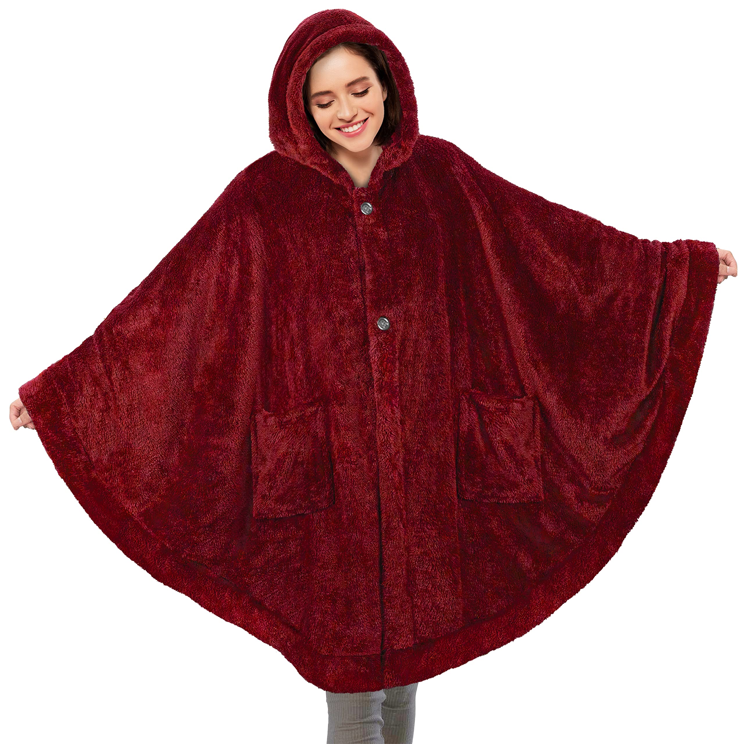 PAVILIA Angel Wrap Hooded Blanket | Poncho Blanket Wrap with Plush Fluffy Sherpa | Wearable Blanket Throw Gift with Hood Pockets Cape | Shaggy Warm Shawl Cozy Gifts for Women Wife (Wine)