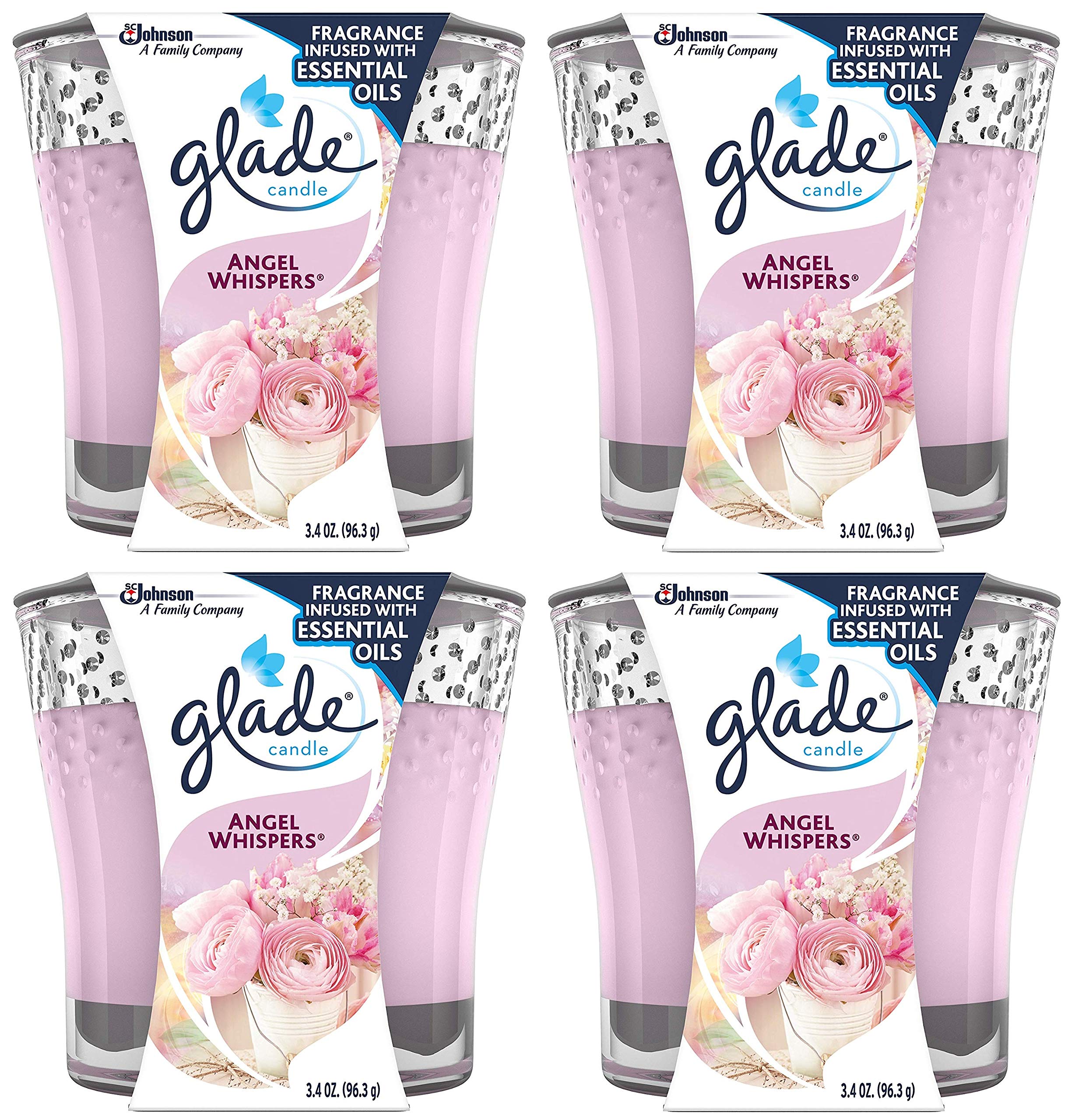 Glade Scented Candle - Angel Whispers - Infused With Essential Oils - Net Wt. 3.4 OZ (96.3 g) Per Candle - Pack of 4 Candles