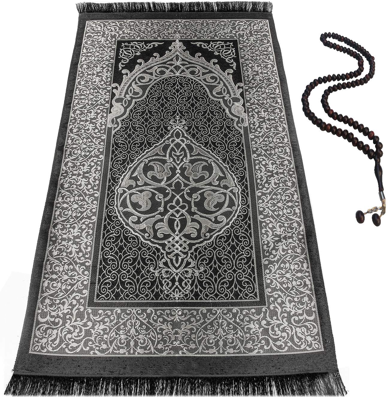 BAYKUL Muslim Prayer Rug, Islamic Turkish Prayer Rugs, Great Ramadan Gifts, Prayer Mat for Women and Men,Islam Carpet,Portable Muslims Mats,Praying Rugs Islam with Beads-Gift Prayer Beads 99 (Grey)