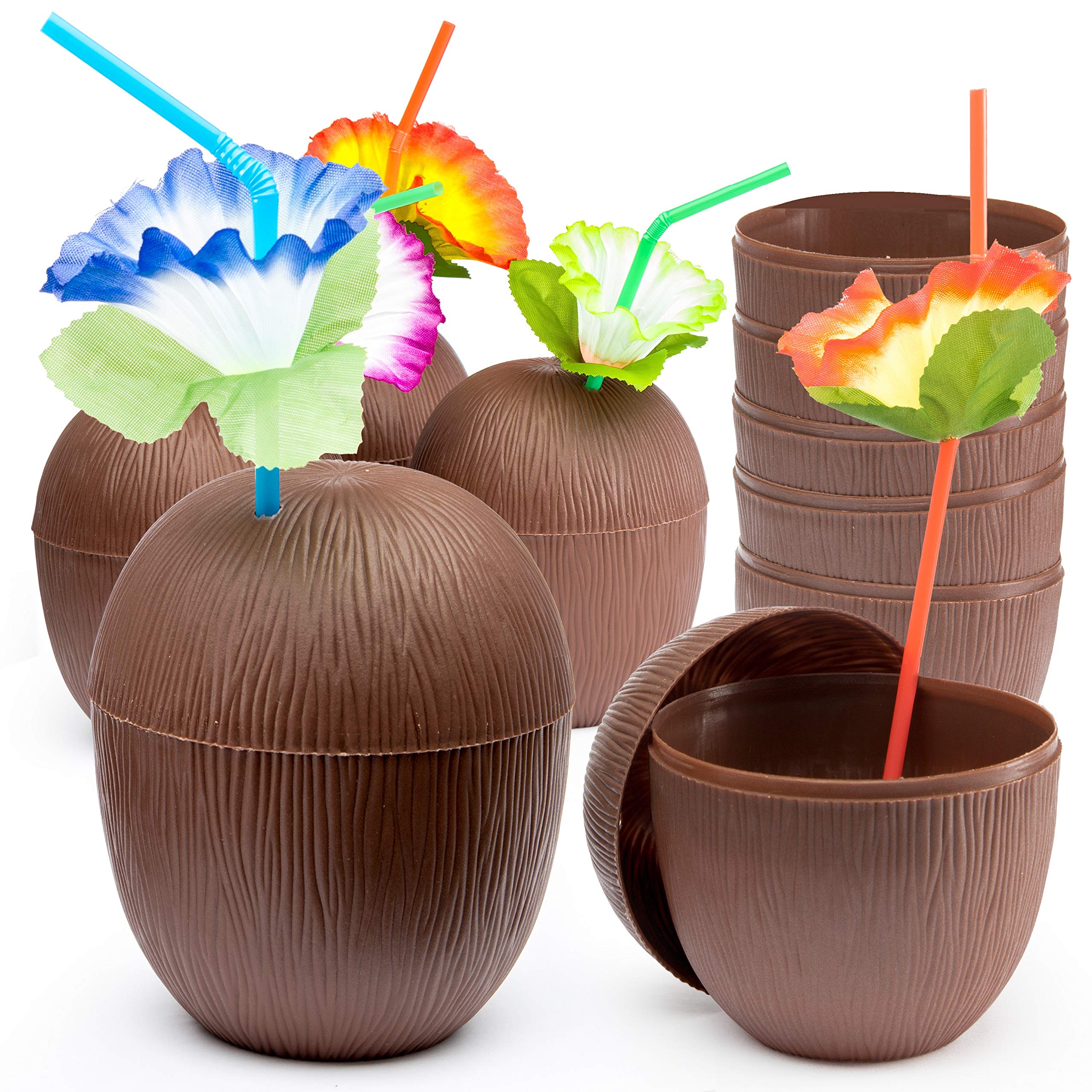 PREXTEX Coconut Cups with Flower Straws & Twist Close Lids (18 Pack, 16oz) for Luau Party Decorations, Pool Parties, Tropical Tiki Parties, Summer, Hawaiian Themed Party Decorations