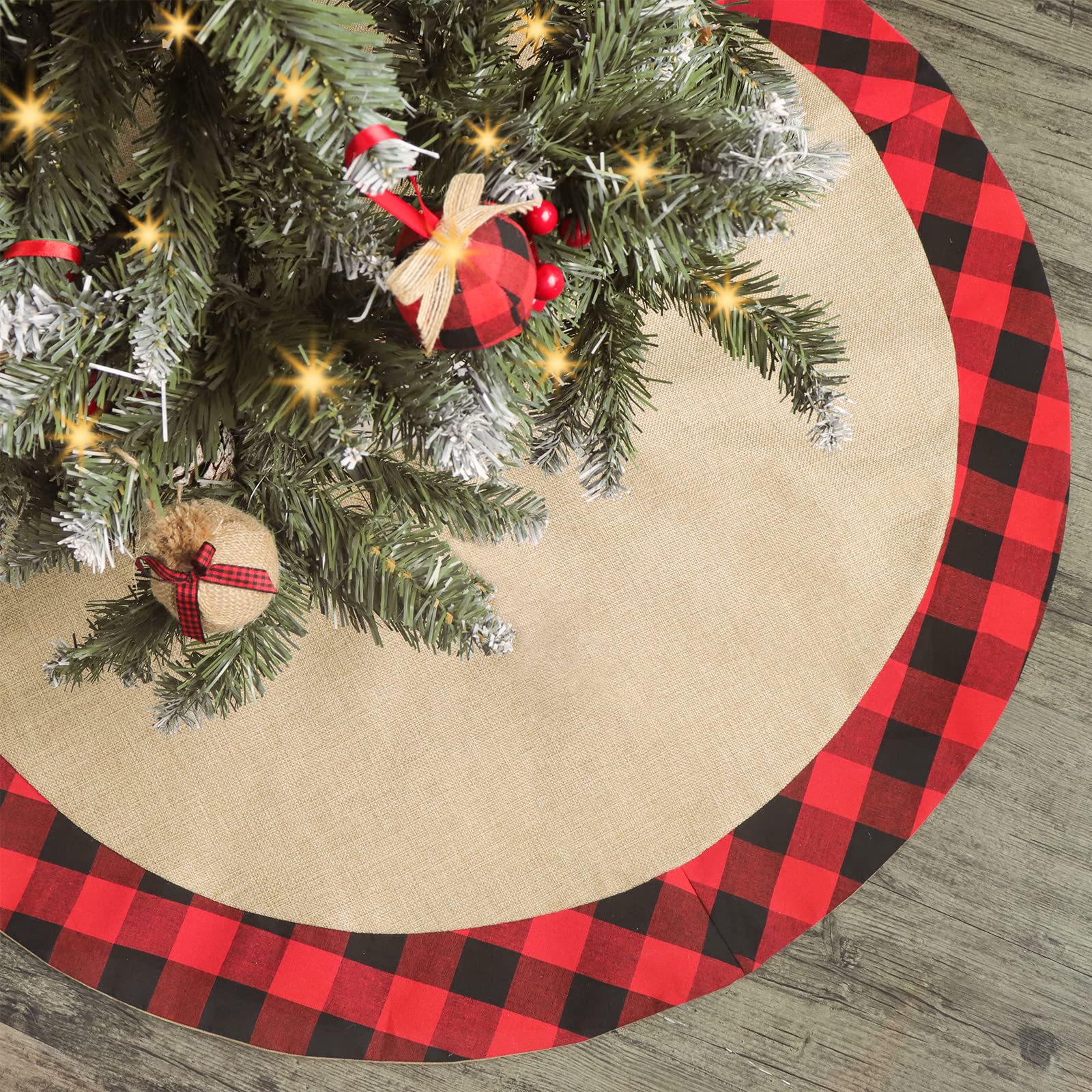 Bunny Chorus Christmas Tree Skirt, 36 inch Burlap Jute Skirt with Red and Black Buffalo Plaid Border Trim, Double-Layer Rustic Tree Skirt for Christmas, Winter Holiday House Decoration Supplies