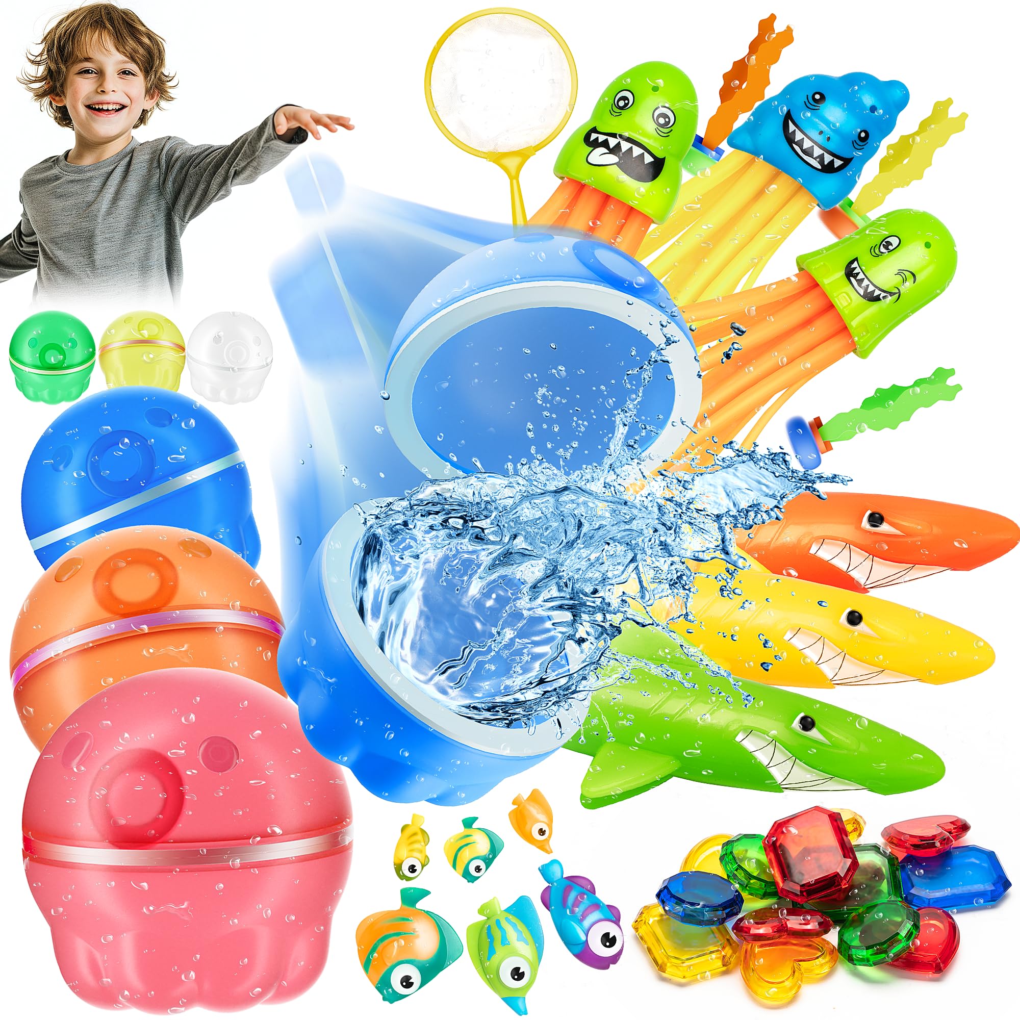 UNEEDE 37 Pcs Diving Pool Toys for Kids, Reusable Water Balloons and Diving Toys for Kids, Swimming Pool Water Toys for Kids Ages 4-8 8-12 Underwater Summer Fun Toys Set, Kids Pool Toys, Beach Toys