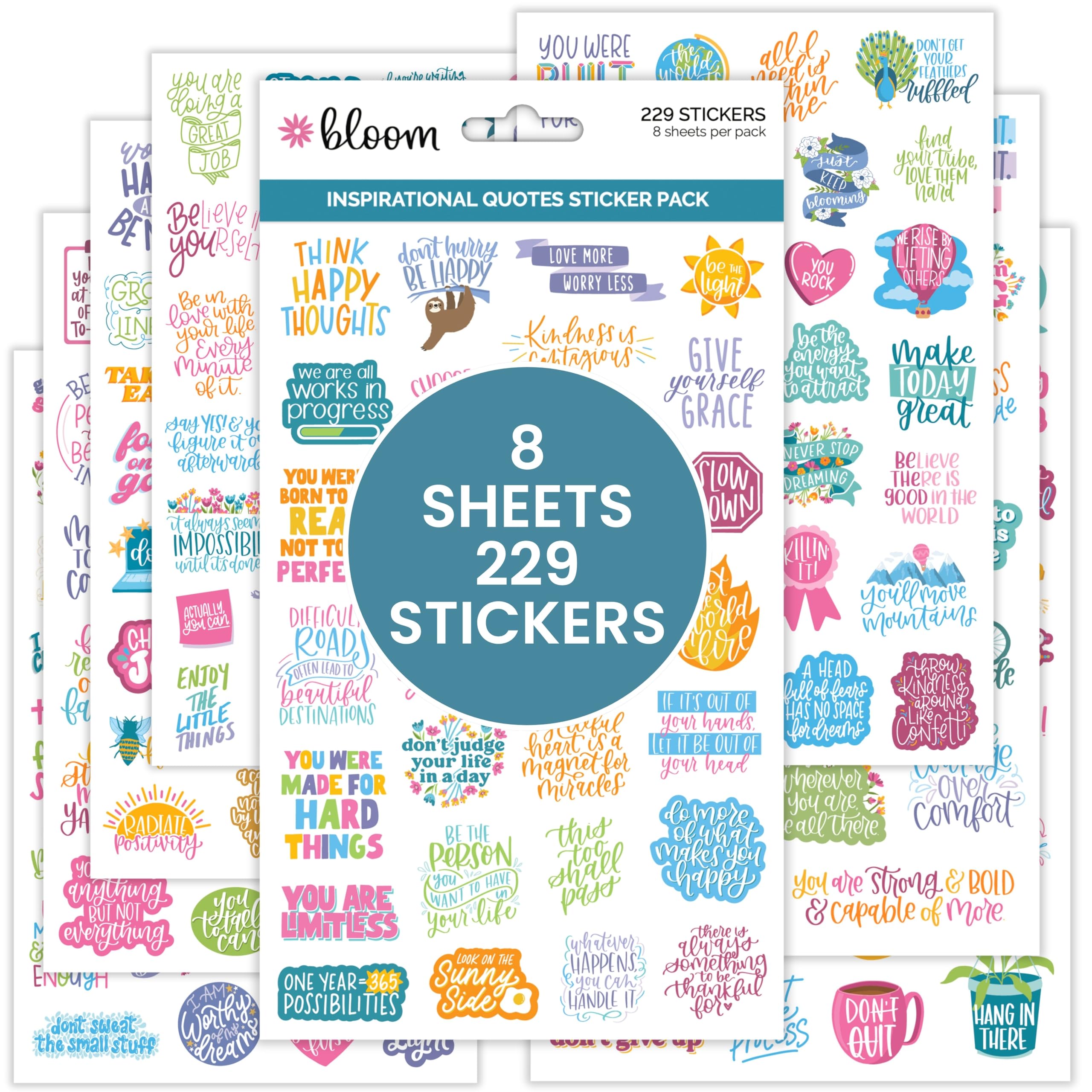 bloom daily planners Inspirational & Motivational Quotes Planner Stickers (8 Sheets / 200+ Stickers) - Hand-Lettered Positive Cute Aesthetic Quotes for Decorating Organizers, Scrapbooks, Laptops, etc.