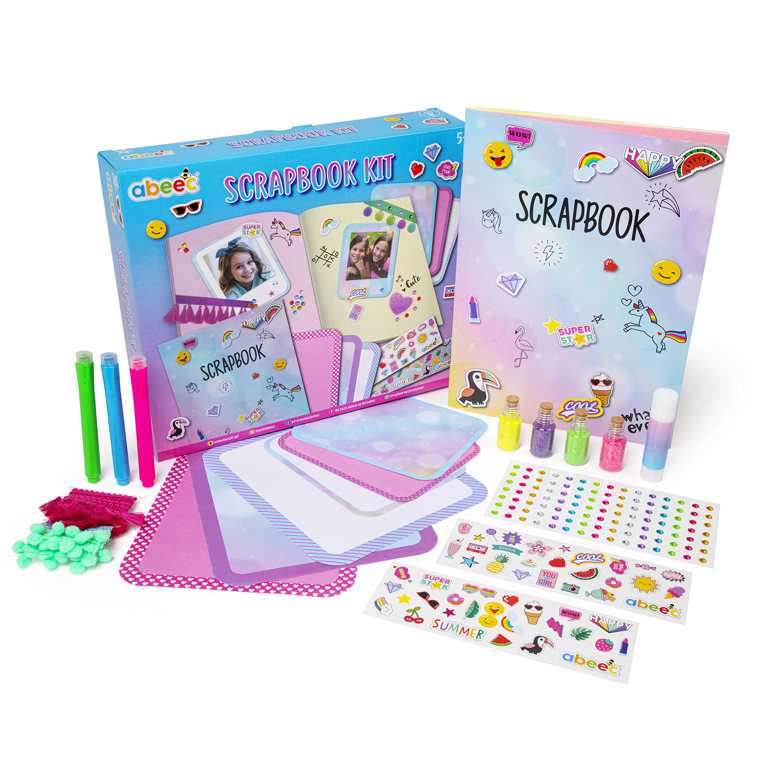 abeec Scrapbook Kit - Scrapbook Accessories Kit Containing Stickers, Glitter, Gems, Ribbon Scrapbook Paper and More - Craft Kits for Kids 5+ with Scrapbook Supplies