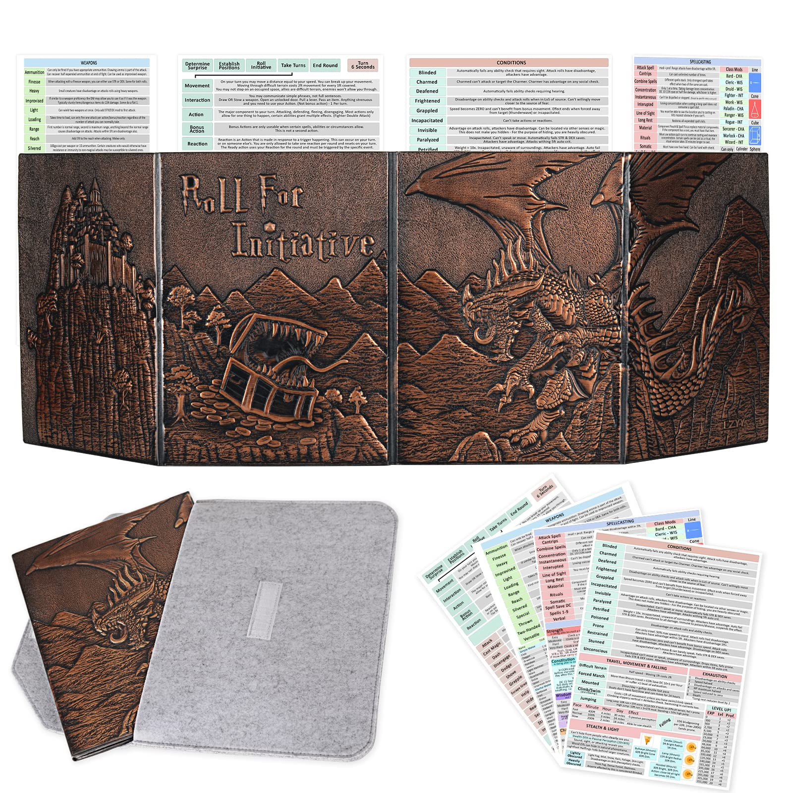 DND Dungeon Master Screen Faux Leather Embossed Dragon & Mimic, Four-Panel with Pockets DM Screen for Dungeons and Dragon, Pathfinder, D&D