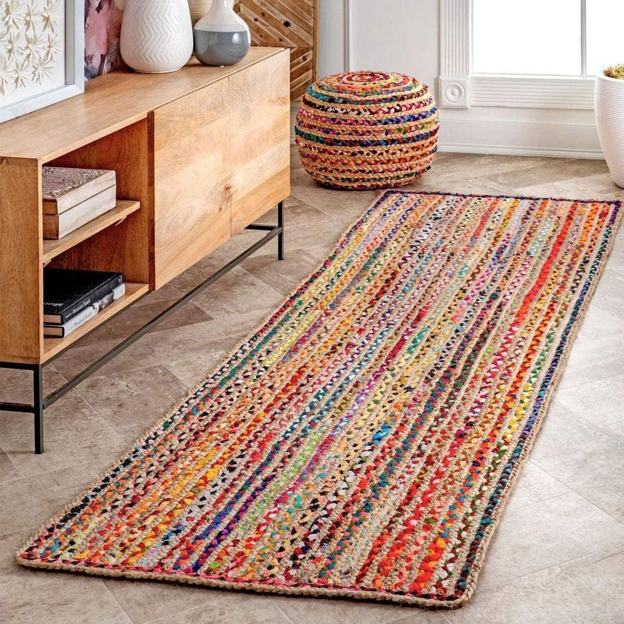 HOUSINE Home Décor Environment Friendly Runner Handwoven Jute Design Rug, Natural Fibers, Braided Reversible Carpet for Living & Bedroom, Dining Room (Jute chindi Mix, 2 x 5 feet - Runner)