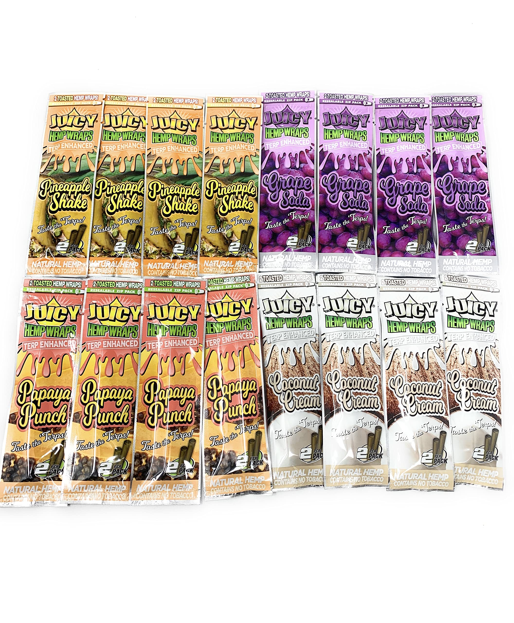 Juicy Jay Terp Enhanced Hemp Wraps Variety Pack (Pack of 16) | Papaya Punch + Coconut Cream + Grape Soda + Pineapple Shake