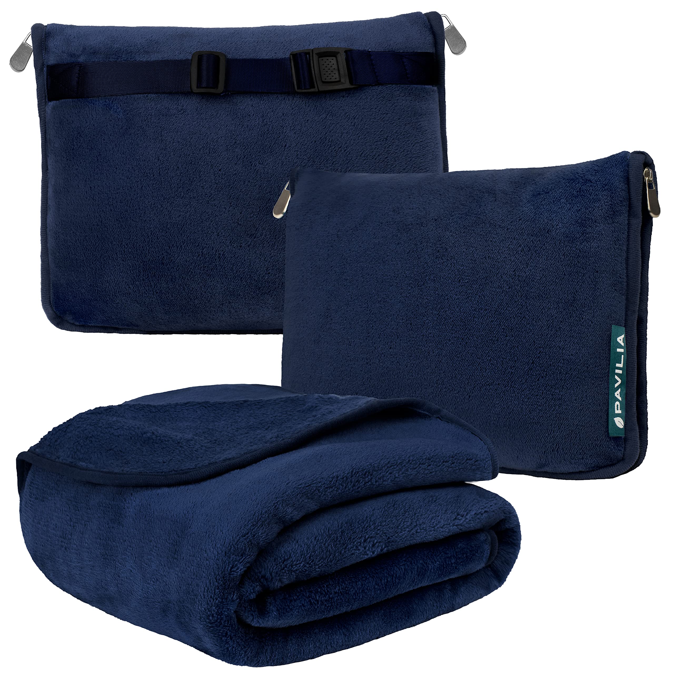 PAVILIA Travel Blanket Pillow, Soft Airplane Blanket 2-IN-1 Combo Set, Plane Blanket Compact Packable, Flight Essentials Car Pillow, Travelers Gifts Accessories Luggage Backpack Strap, 60x43 Navy Blue