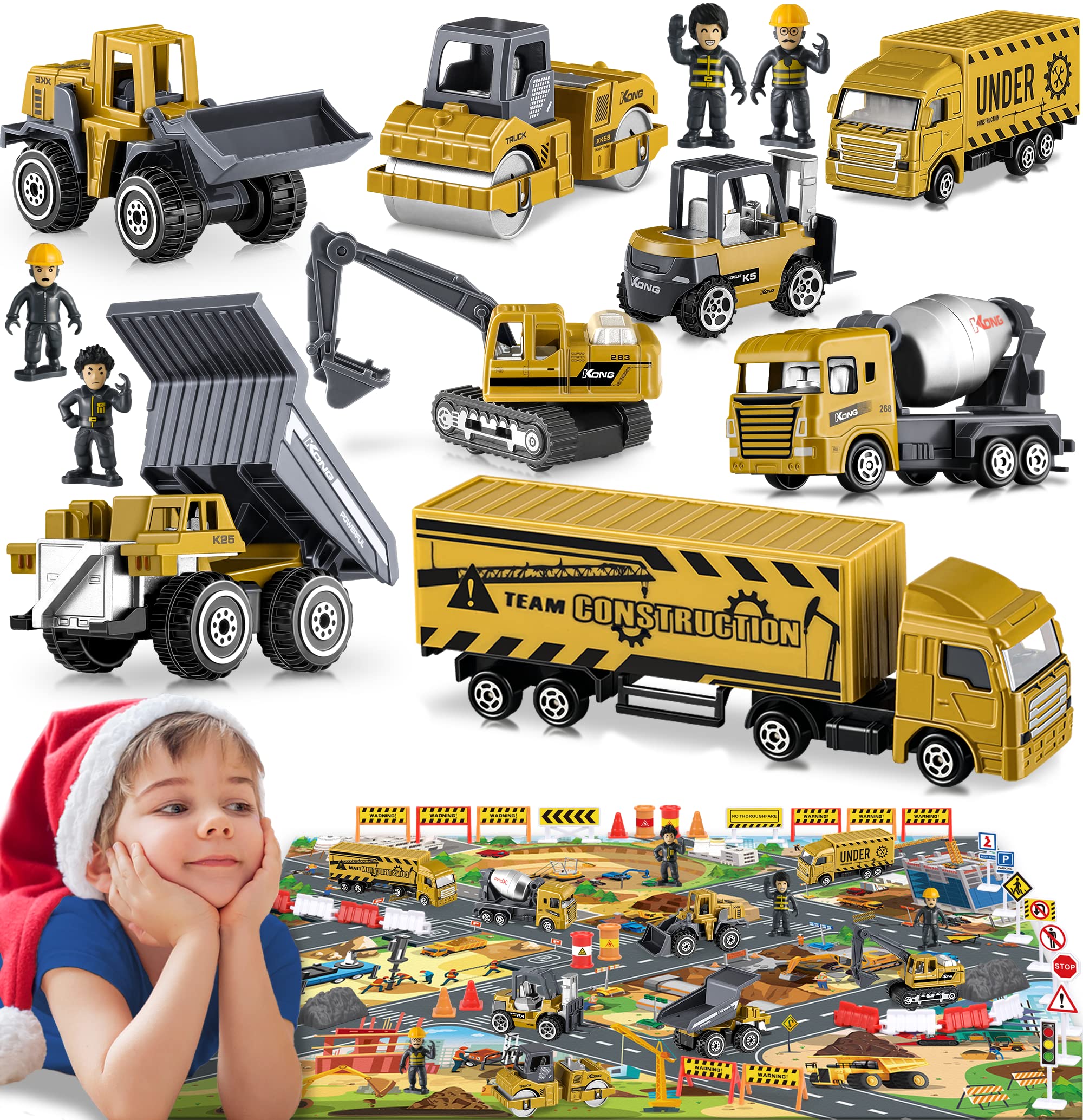 Diecast Construction Vehicles for Kids, Small Toy Construction Trucks Set Toys Cars with Road Sign, Small Construction Vehicles Site Toy Bulk Toddler Stocking Stuffers Gift for 3 4 5 Year Old Boys