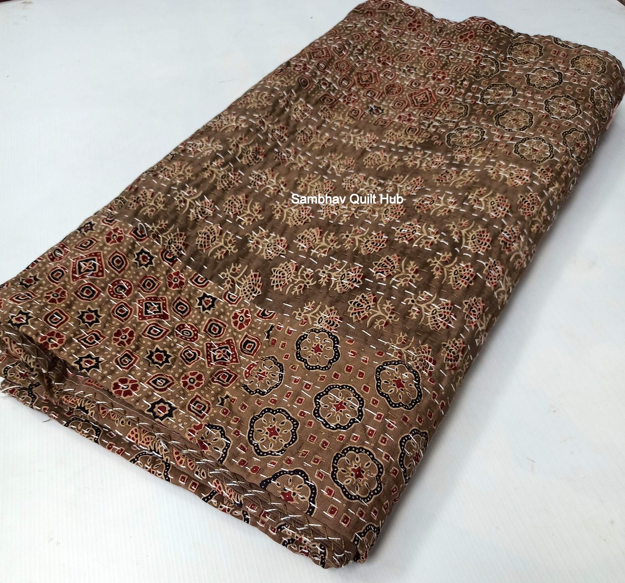 Brown Ajrakh Hippie Queen Kantha Quilt Handmade Bohemain Bedspread King Size Vegetable Dye Kantha Blanket Bedcover Boho Quilting Indigo Print Ajrakh Cotton Kantha Quilt 90X108 inch