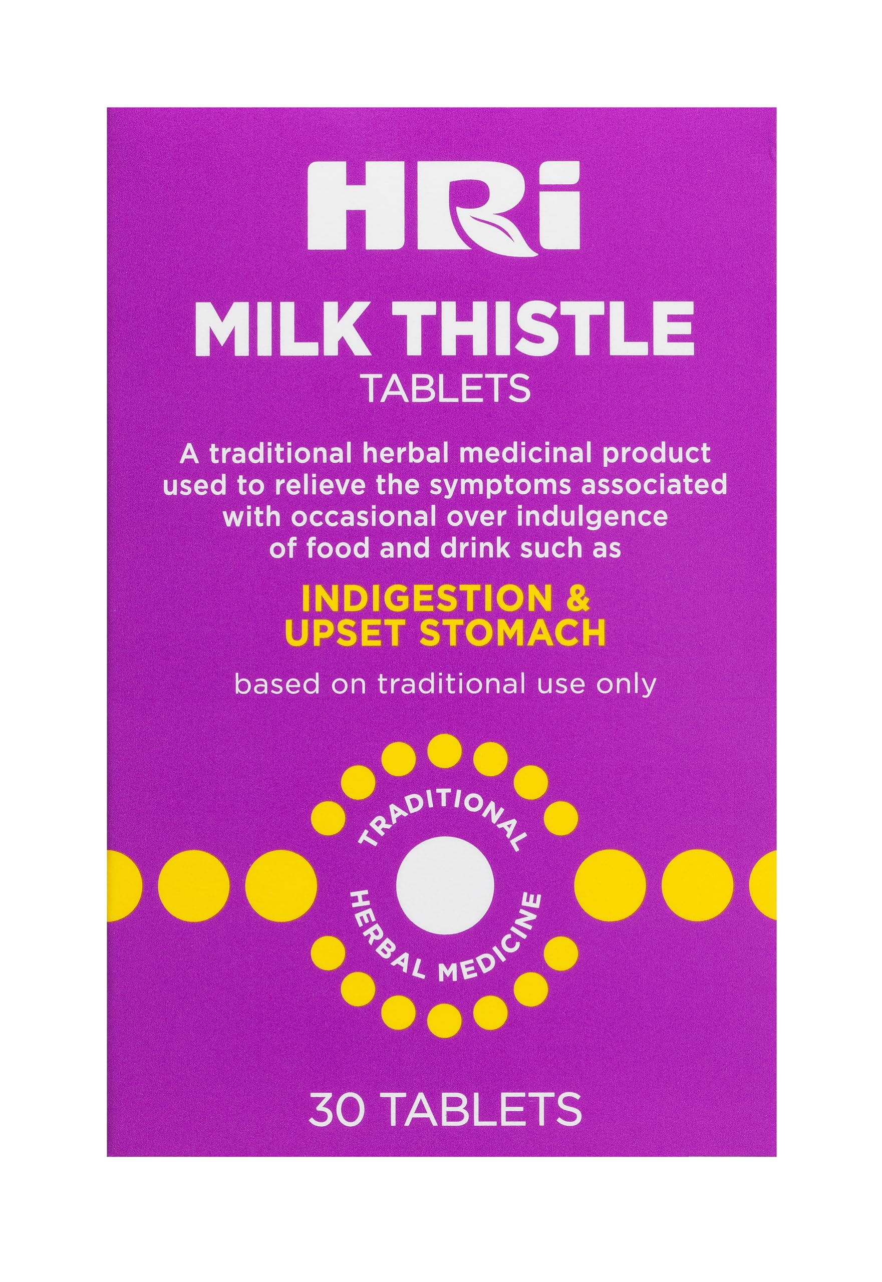 HRI Milk Thistle 30 Tablets - to Relieve Symptoms Associated with Over Indulgence of Food and Drink Such As Indigestion and Upset Stomach. 300 mg of Milk Thistle Extract. 1 Pack