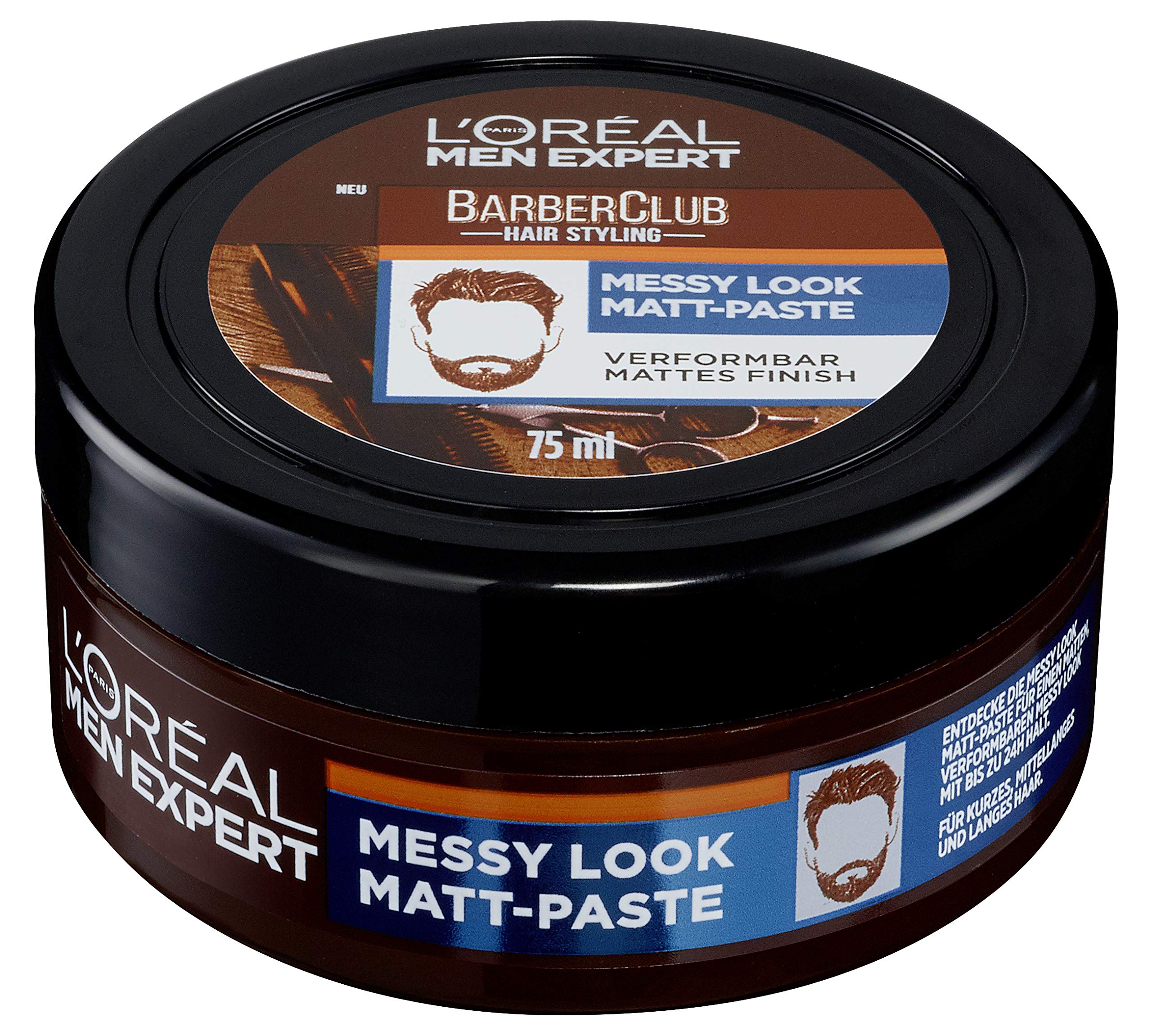 L’Oréal Paris men expertBarber Club, Messy Look Matt Paste, Matte Hair Wax with Strong Hold, Malleable, Flexible Structure, Hair Paste for , 75 ml