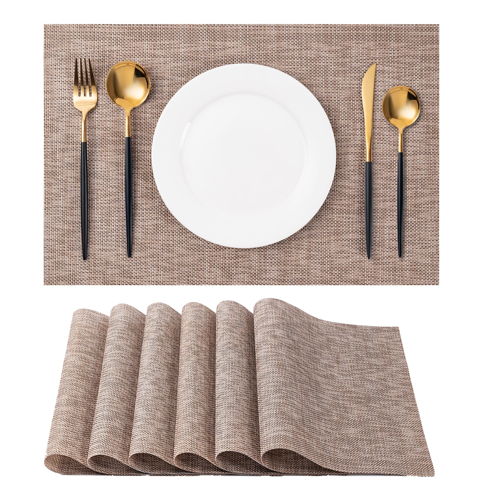 Placemats Set of 6 Washable Indoor/Outdoor Vinyl Place Mats for Dining Table Durable Non-Slip Heat Resistant PVC Weave Table Mats（Khaki）