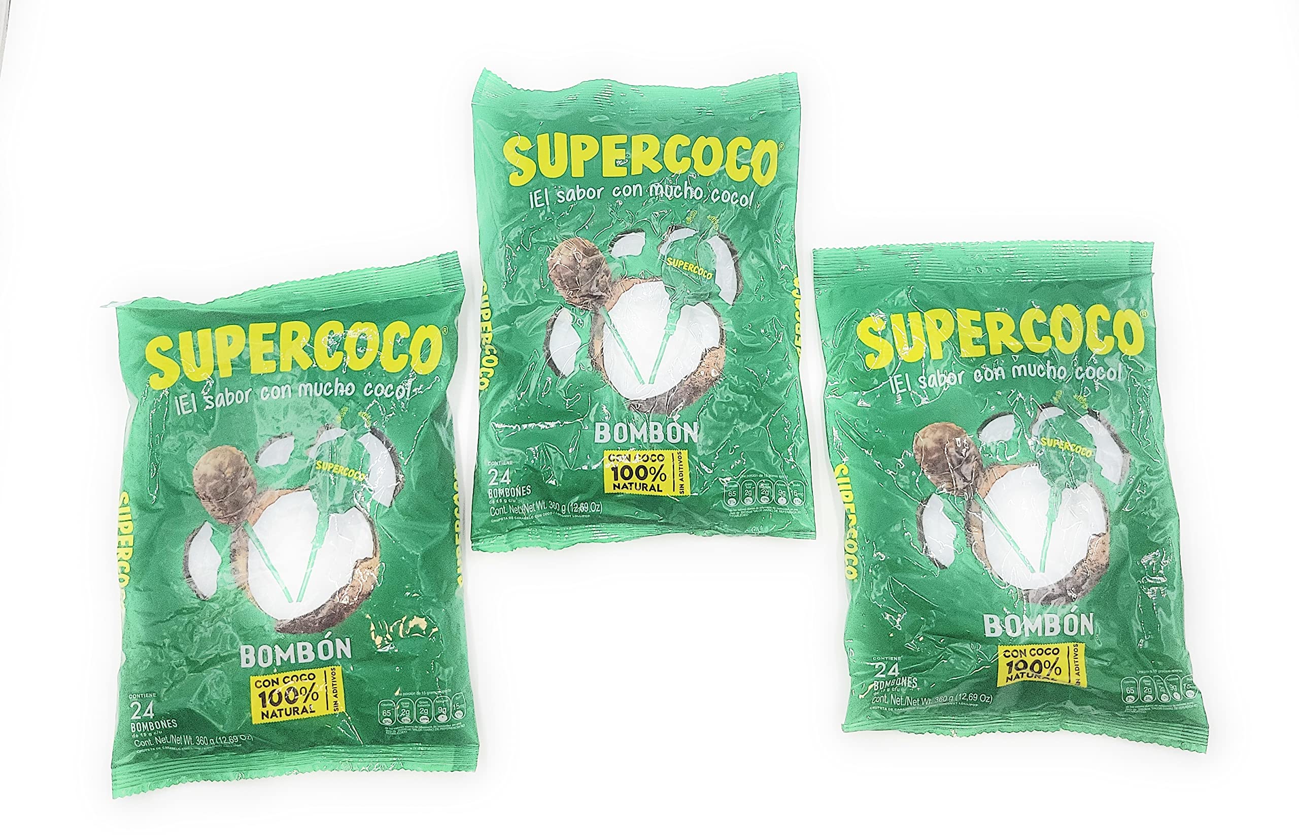 BOMBON SUPERCOCO COCONUT CANDY LLOLYPOPS BAG OF 24 EL BOMBON Con Mucho Sabor (Pack of 3)