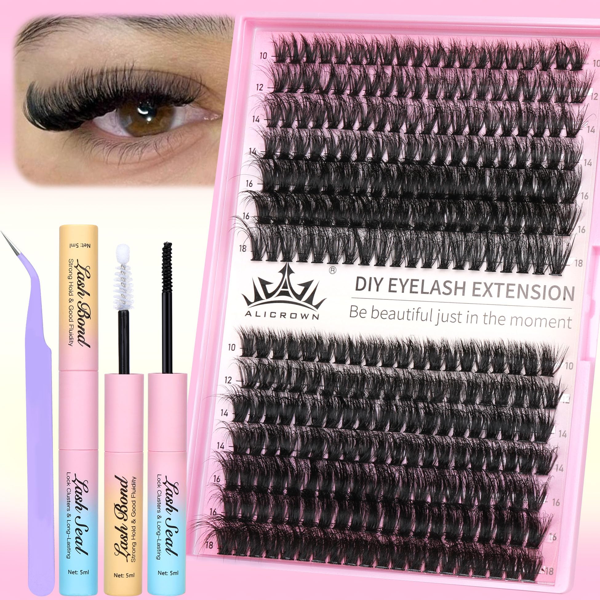 ALICROWN Eyelash Extension Kit 280Pcs Lash Clusters Fluffy 50D+70D Lash Extension Kit Thick Volume 10mm-18mm DIY Individual Lashes Kit Wispy Cluster Eyelash Extensions with Lash Bond and Seal