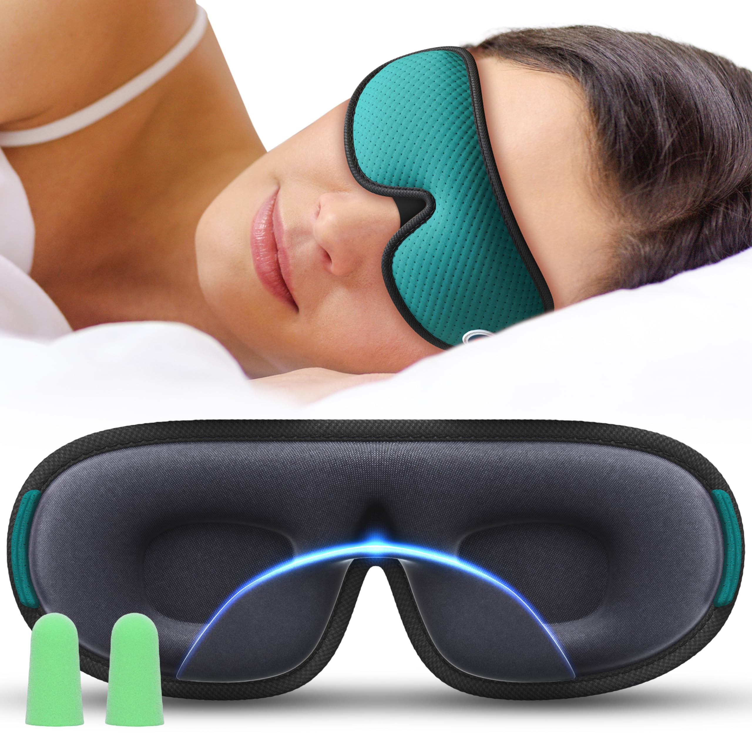 Medi Grade Cotton Sleep Mask with 3D Eye Mask Memory Foam - Travel Sleeping Mask for Women and Men with 4 Ear Plugs, Carabiner and Storage Bag - Blackout Sleep Mask Light Blocking - Sleep Eye Mask