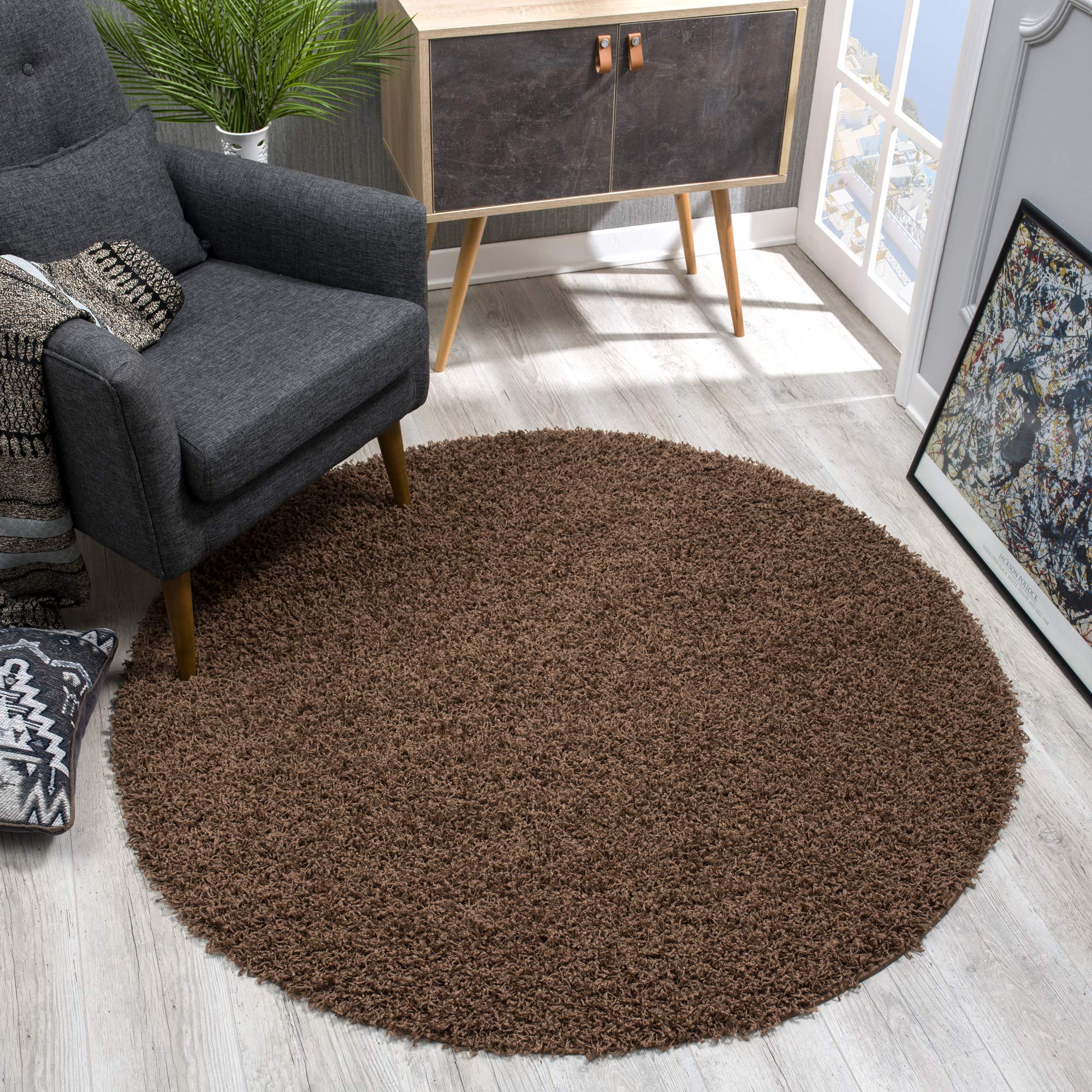 SANAT Round High Pile Modern Rugs for Living Room, Bedroom, Dining Room or Children's Room, Dark Brown, Size: 120 x 120 cm