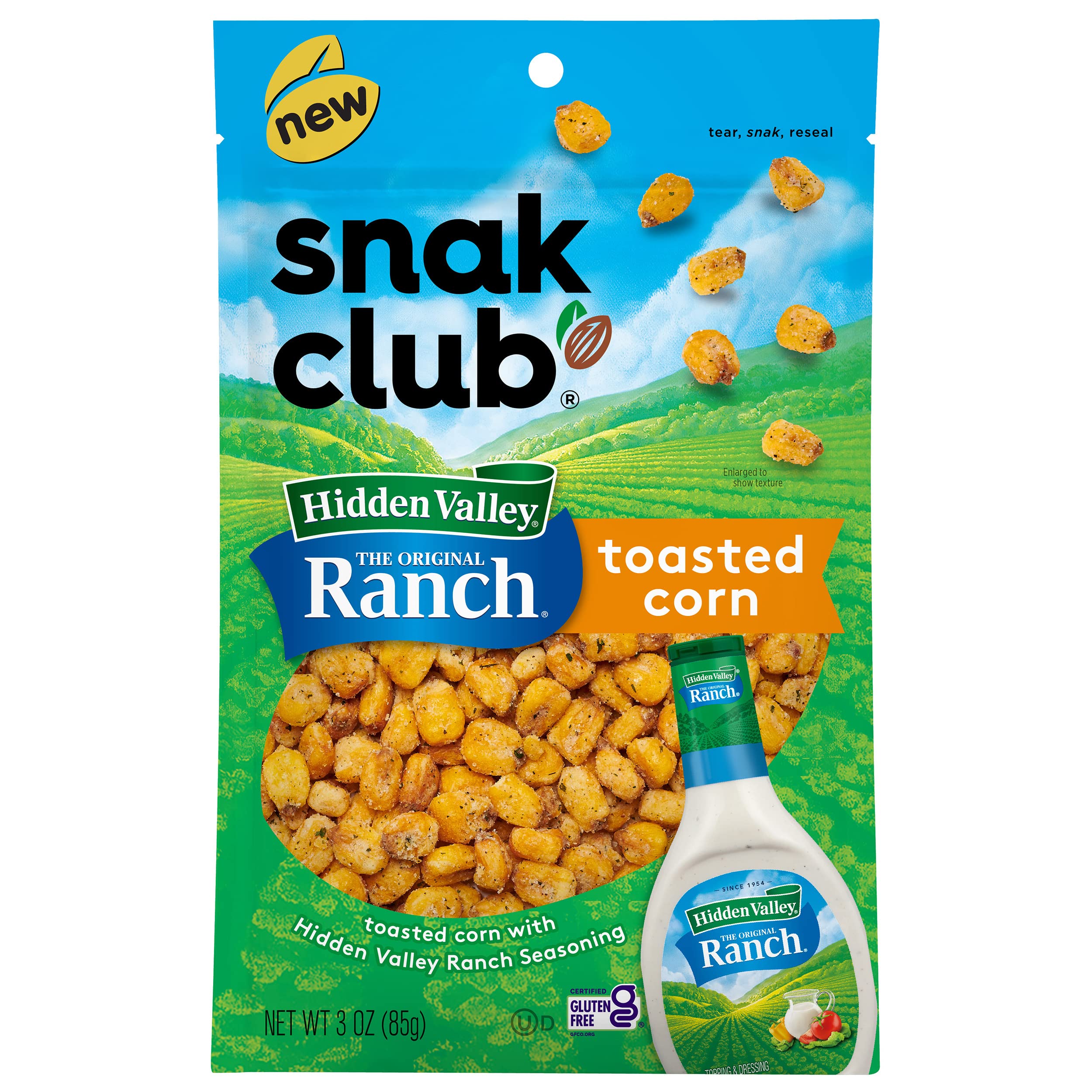 Snak Club Toasted Corn Nuggets with Hidden Valley Ranch Seasoning, Crunchy, Creamy & Tangy Gluten Free Snacks, 3oz Resealable Bag (Pack of 6)