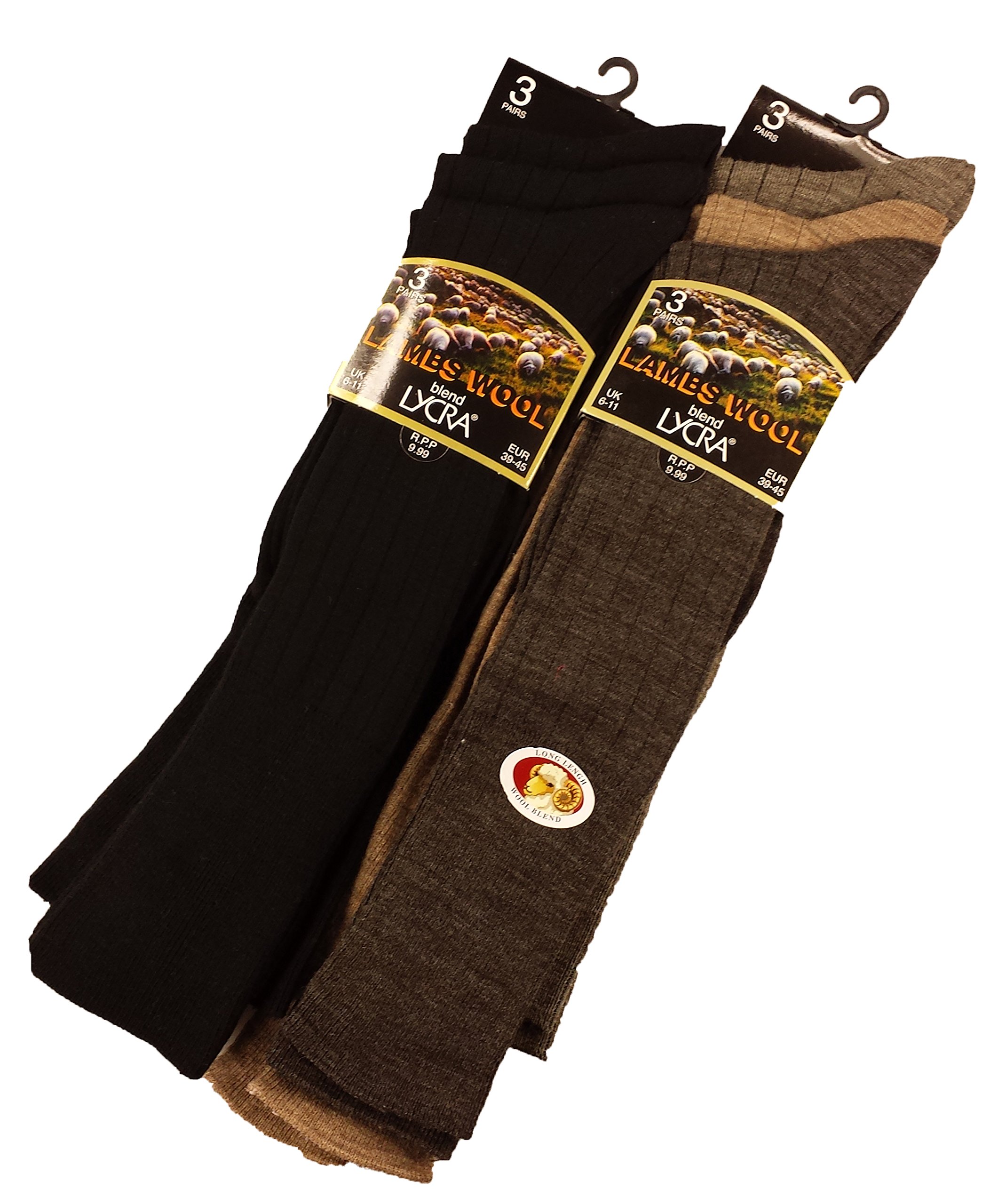 Sockstack® Men's Fine Long Lambs Wool Socks, 6 Pairs, Longer Length Socks, 6-11