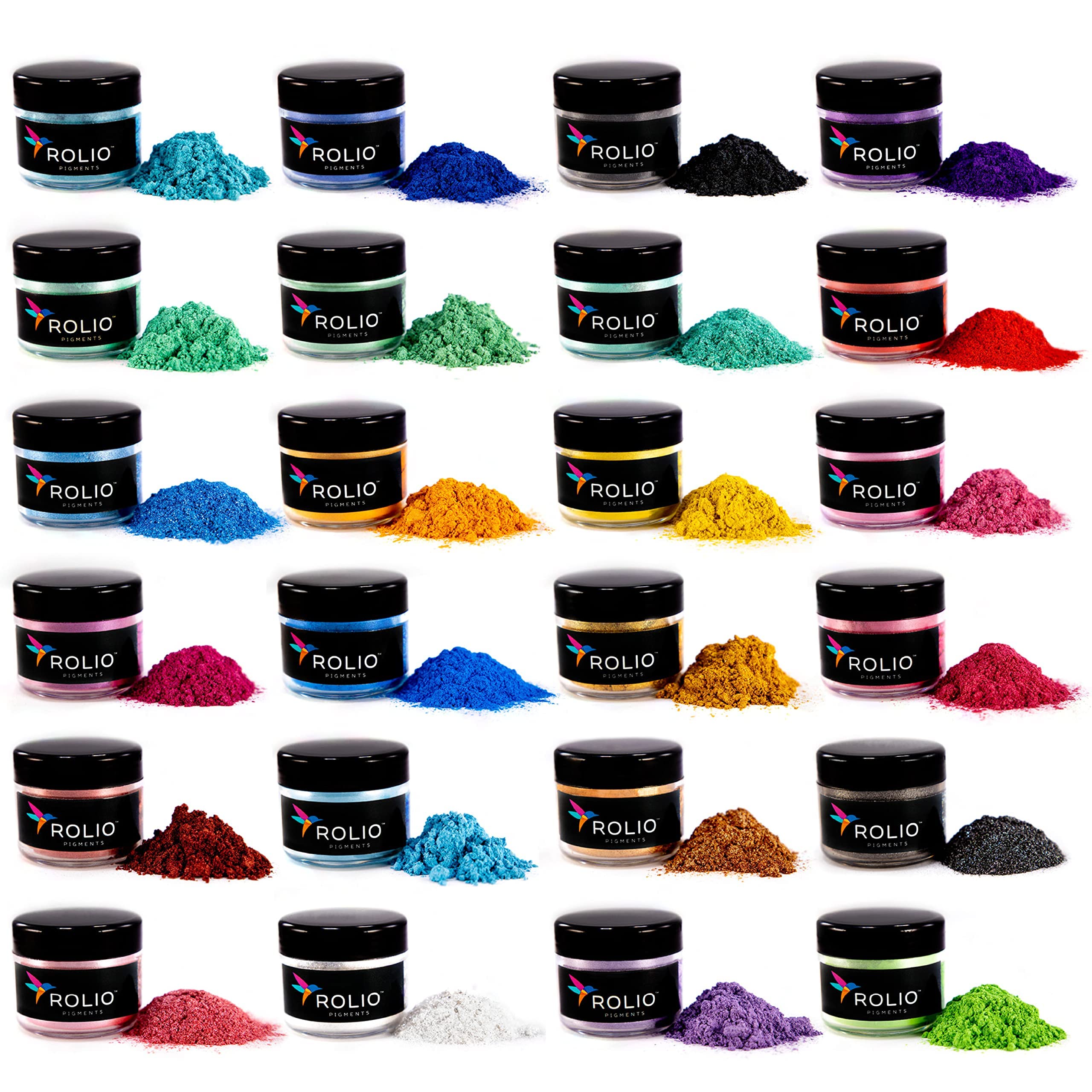 Rolio Premium Mica Powder Pearlescent Color Pigment - Art Set for Epoxy Resin - for Soap Making, Nail Polish, Lip Gloss, Eye Shadow, Slime & Candle Jars - 10g, 24 Jars - (Original Set)