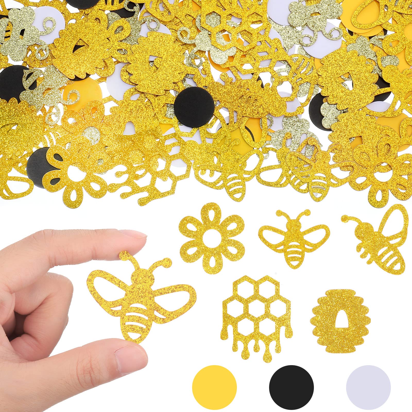 Marspark280 Pieces Bee Glitter Confetti, Black Yellow Gold Bee Honeycomb Circle Confetti Decoration for Bee Day Party Gender Reveal Party First Birthday Party Table Scatters Supplies