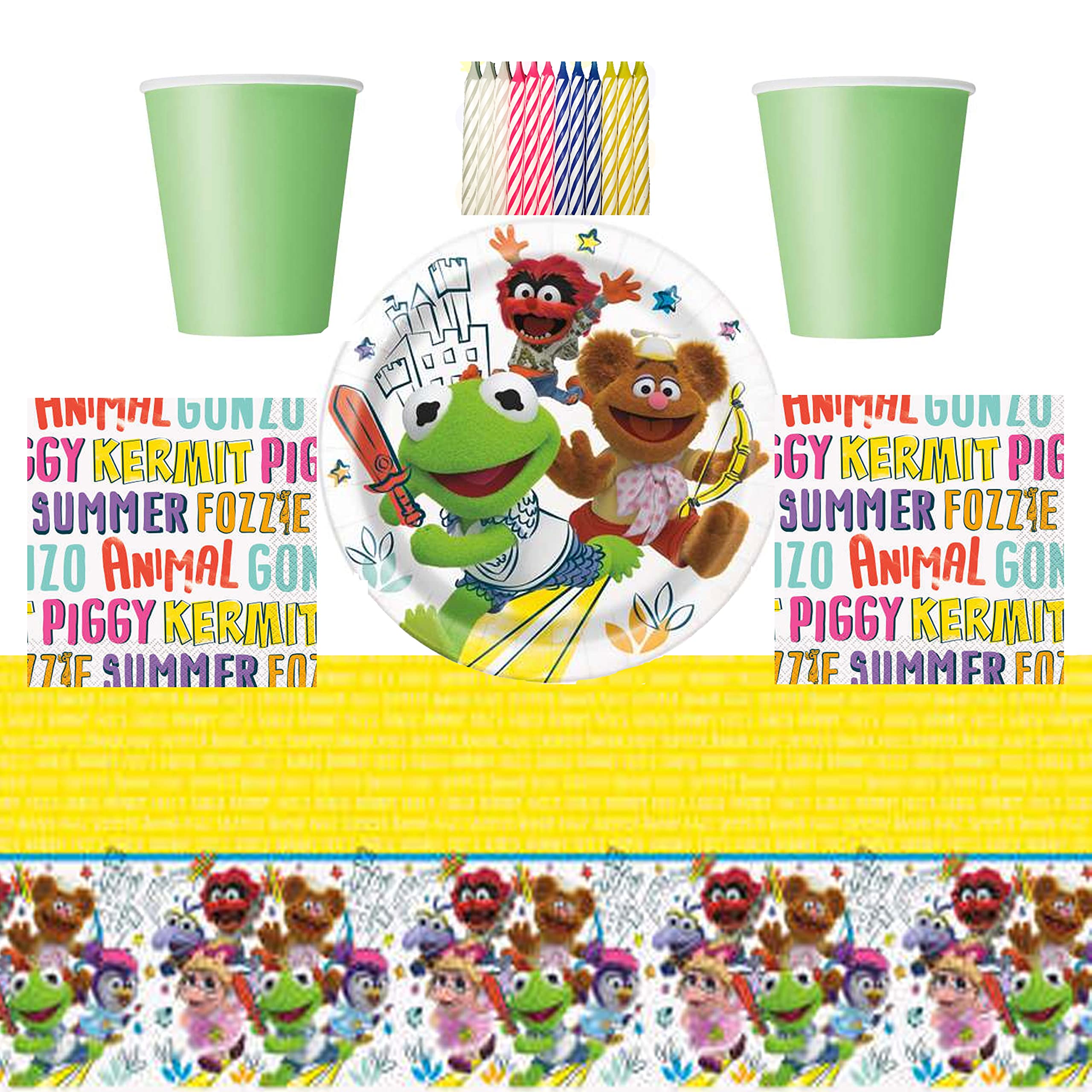 Unique Disney Muppet Babies Party Supplies Pack Serves 16: 9" Plates Luncheon Napkins Cups and Table Cover with Birthday Candles (Bundle for 16)