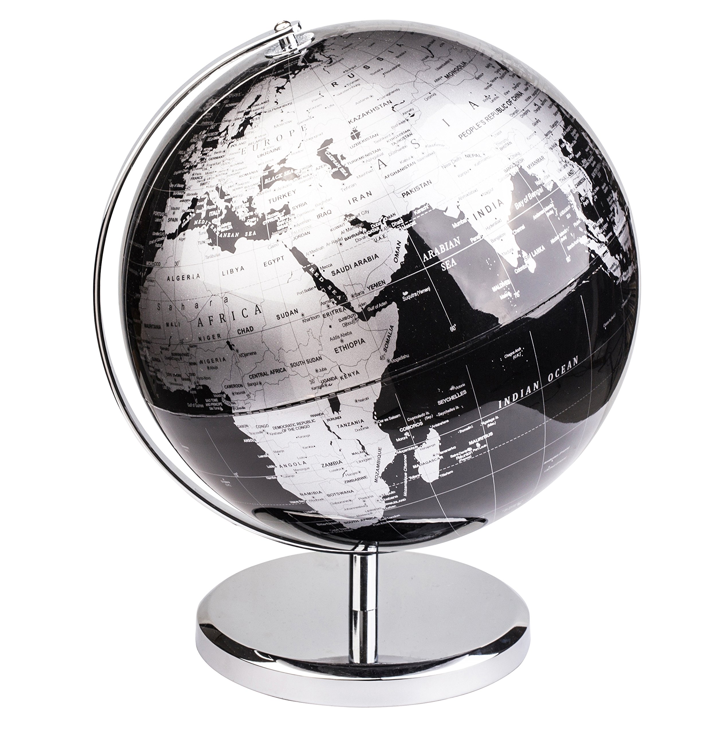 Exerz 30cm World Globe With a Metal Base – Educational/Geographic/Modern Desktop Decoration - Metallic Black (30cm diameter)